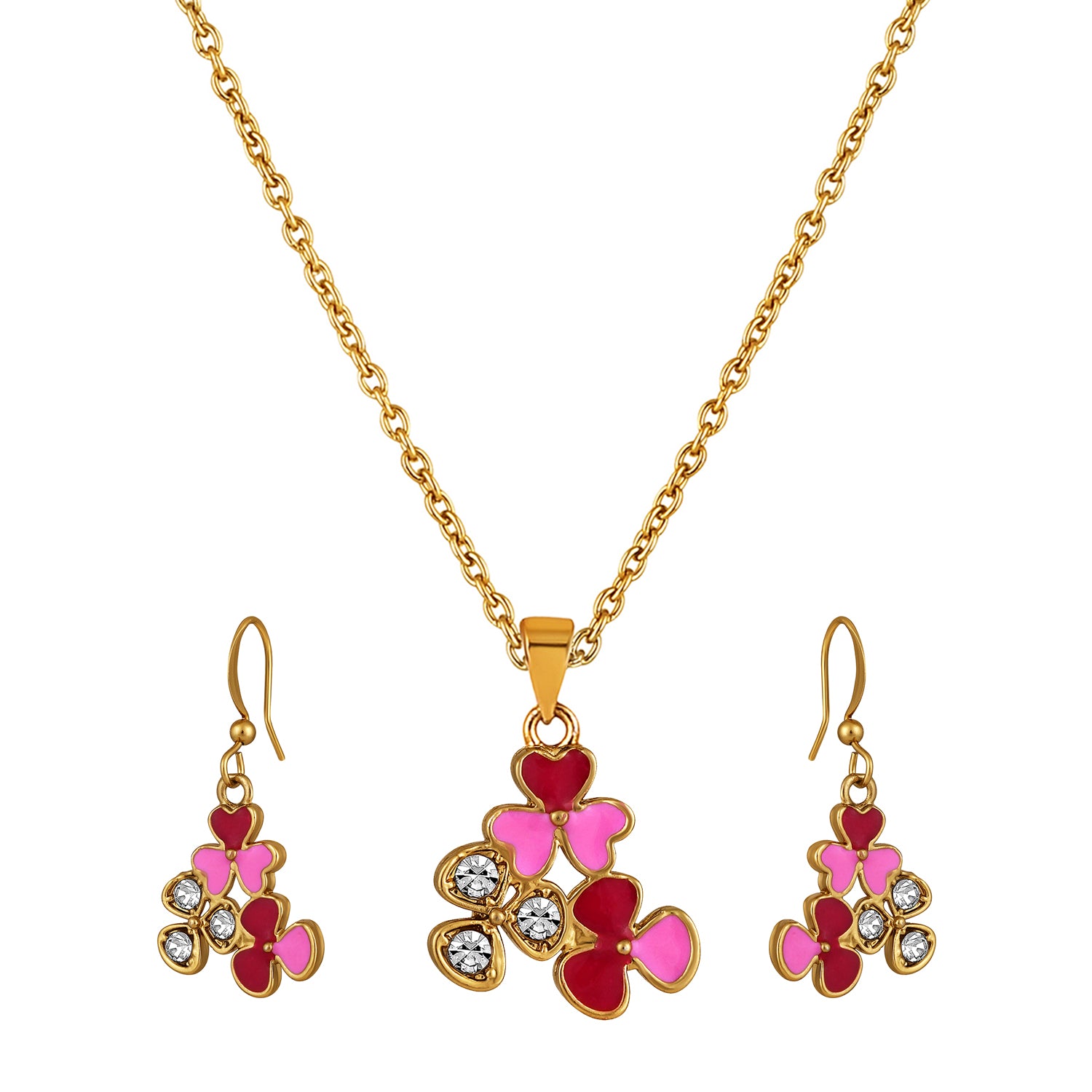 Red and Pink Meenakari Work and Crystals Floral Pendant Set