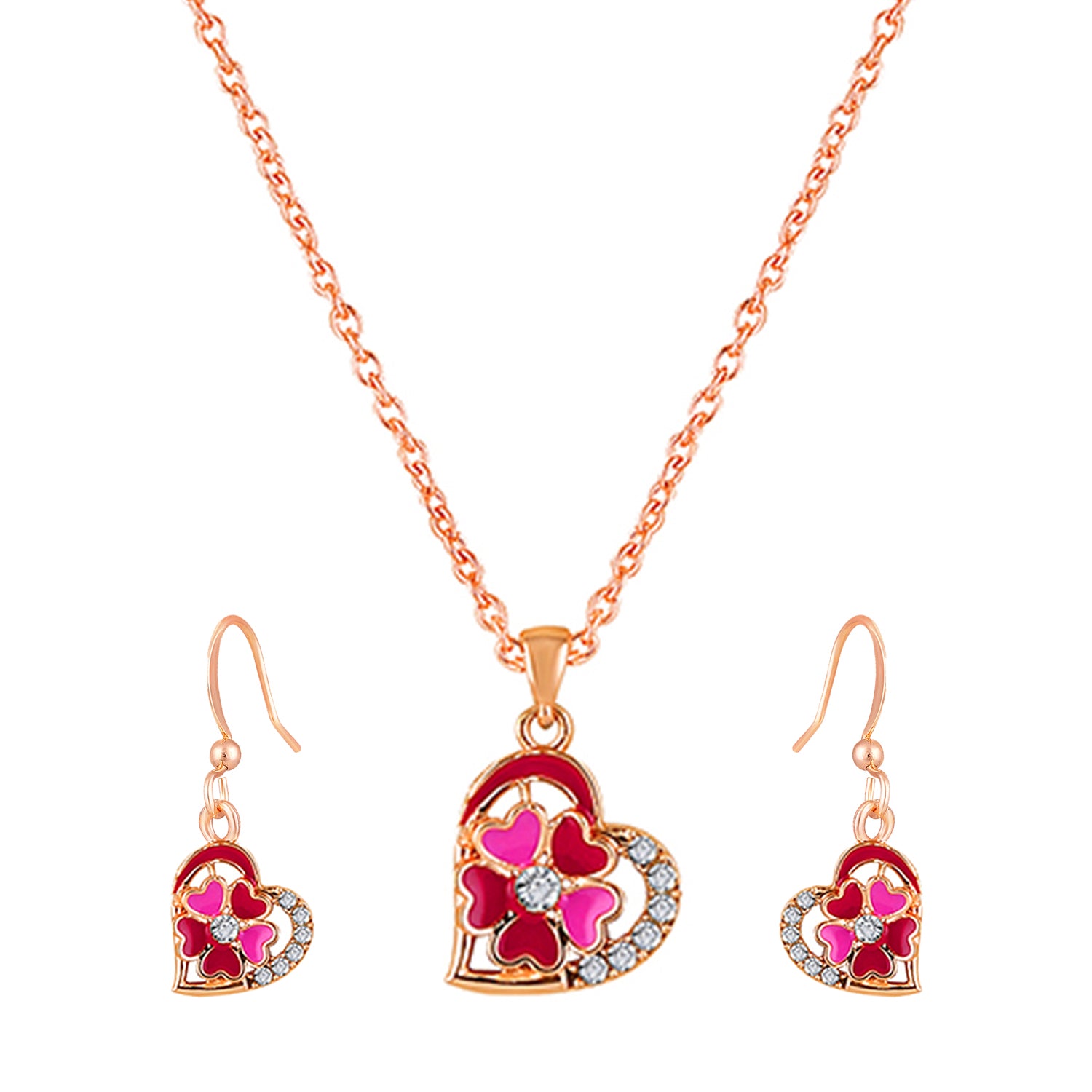 Red and Pink Meenakari Work and Crystals Floral Heart Pendant Set