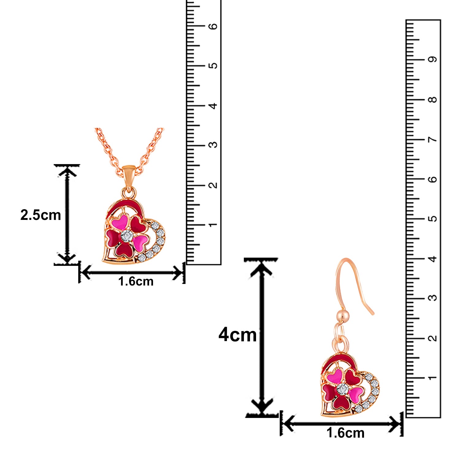 Red and Pink Meenakari Work and Crystals Floral Heart Pendant Set