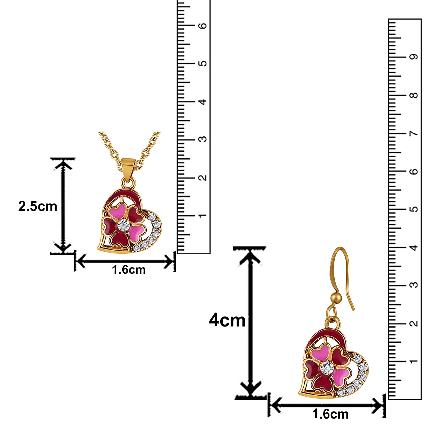 Red and Pink Meenakari Work and Crystals Floral Heart Pendant Set