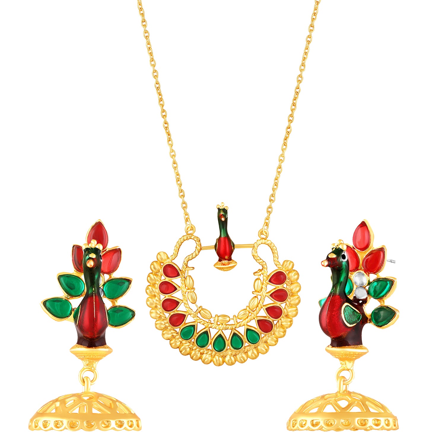 Meenakari Enamel Dancing Peacock-Shaped Pendant and Dangler Jhumka Earrings