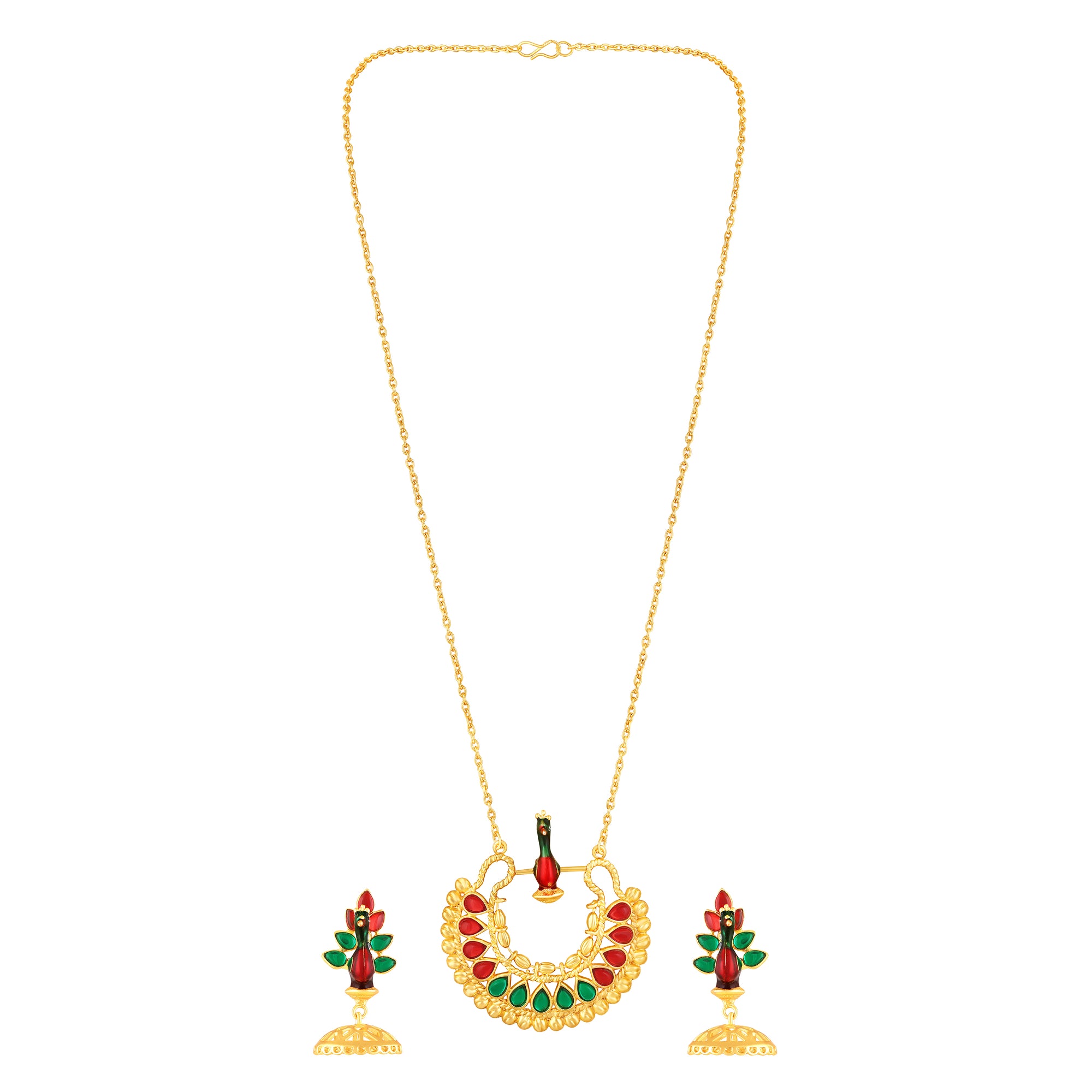 Meenakari Enamel Dancing Peacock-Shaped Pendant and Dangler Jhumka Earrings