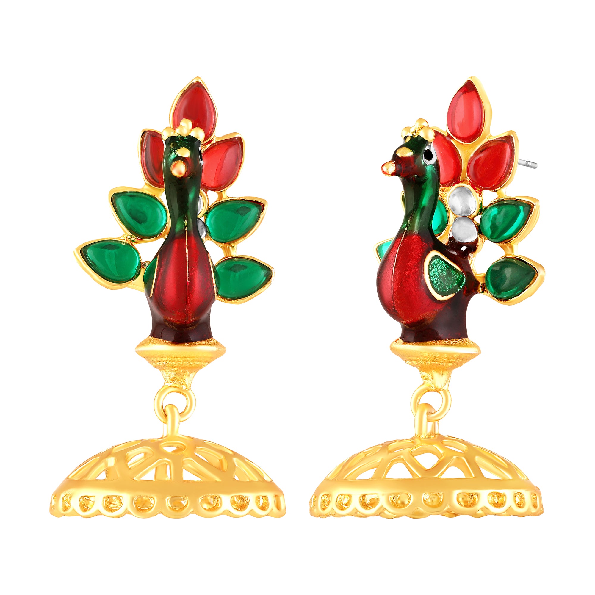Meenakari Enamel Dancing Peacock-Shaped Pendant and Dangler Jhumka Earrings