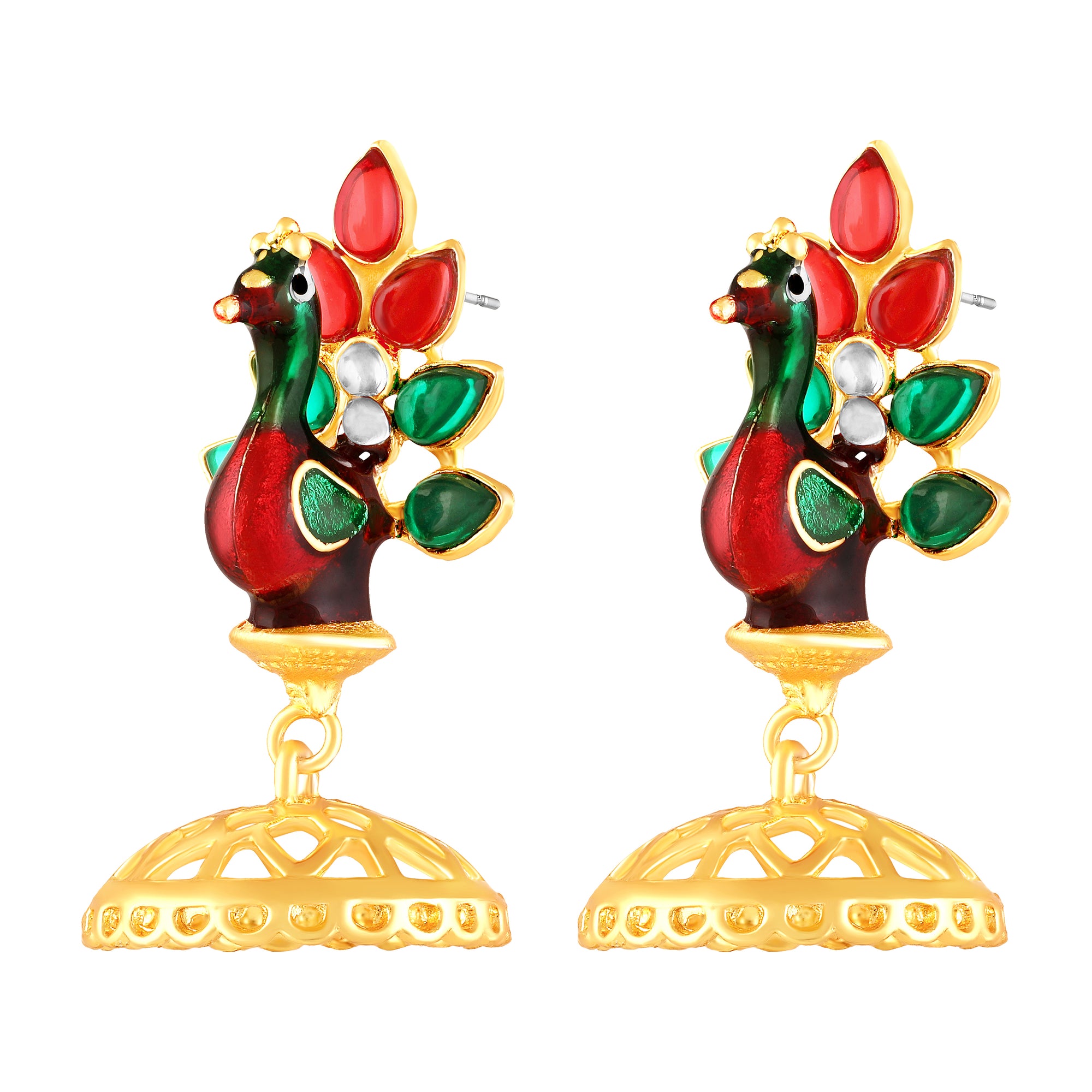 Meenakari Enamel Dancing Peacock-Shaped Pendant and Dangler Jhumka Earrings