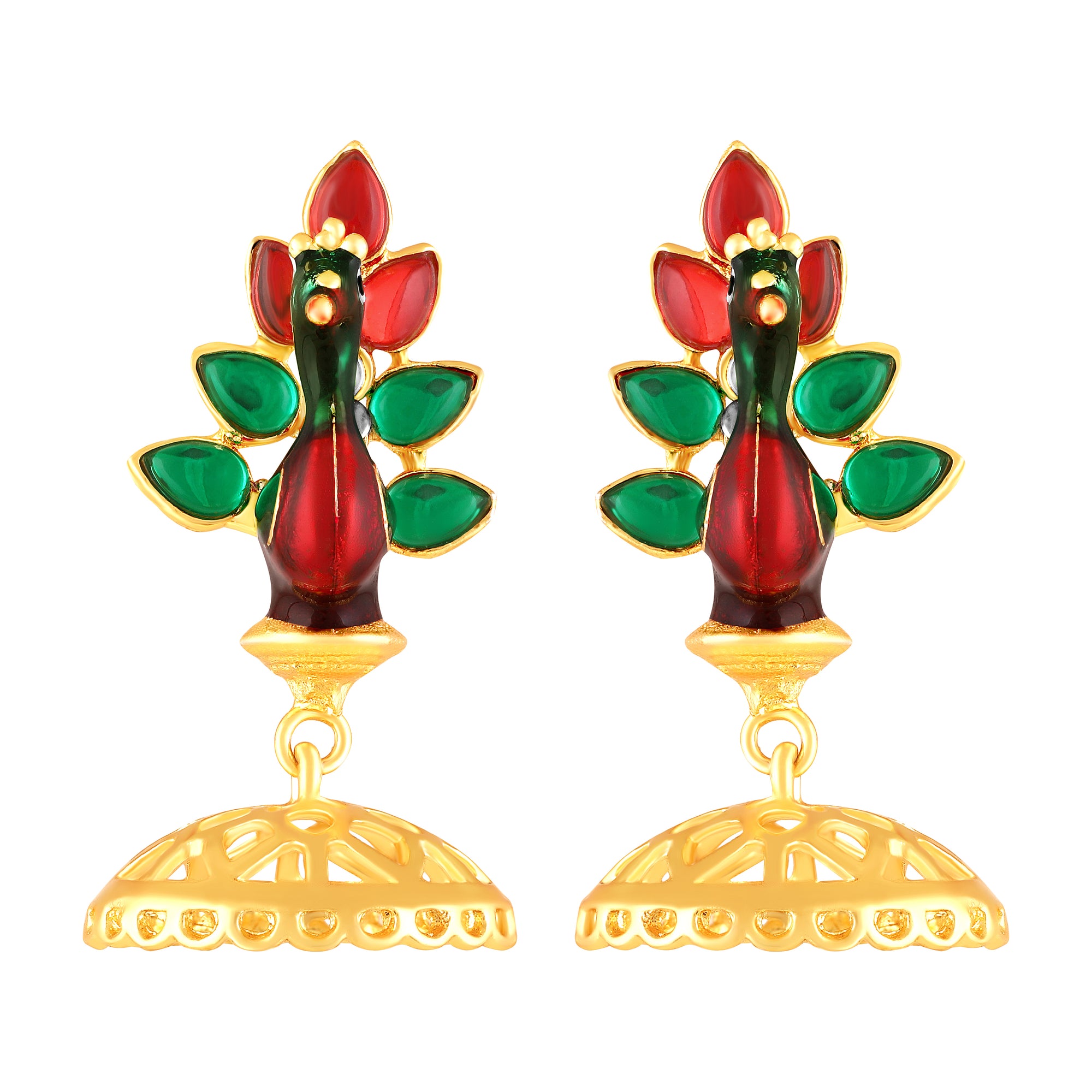Meenakari Enamel Dancing Peacock-Shaped Pendant and Dangler Jhumka Earrings