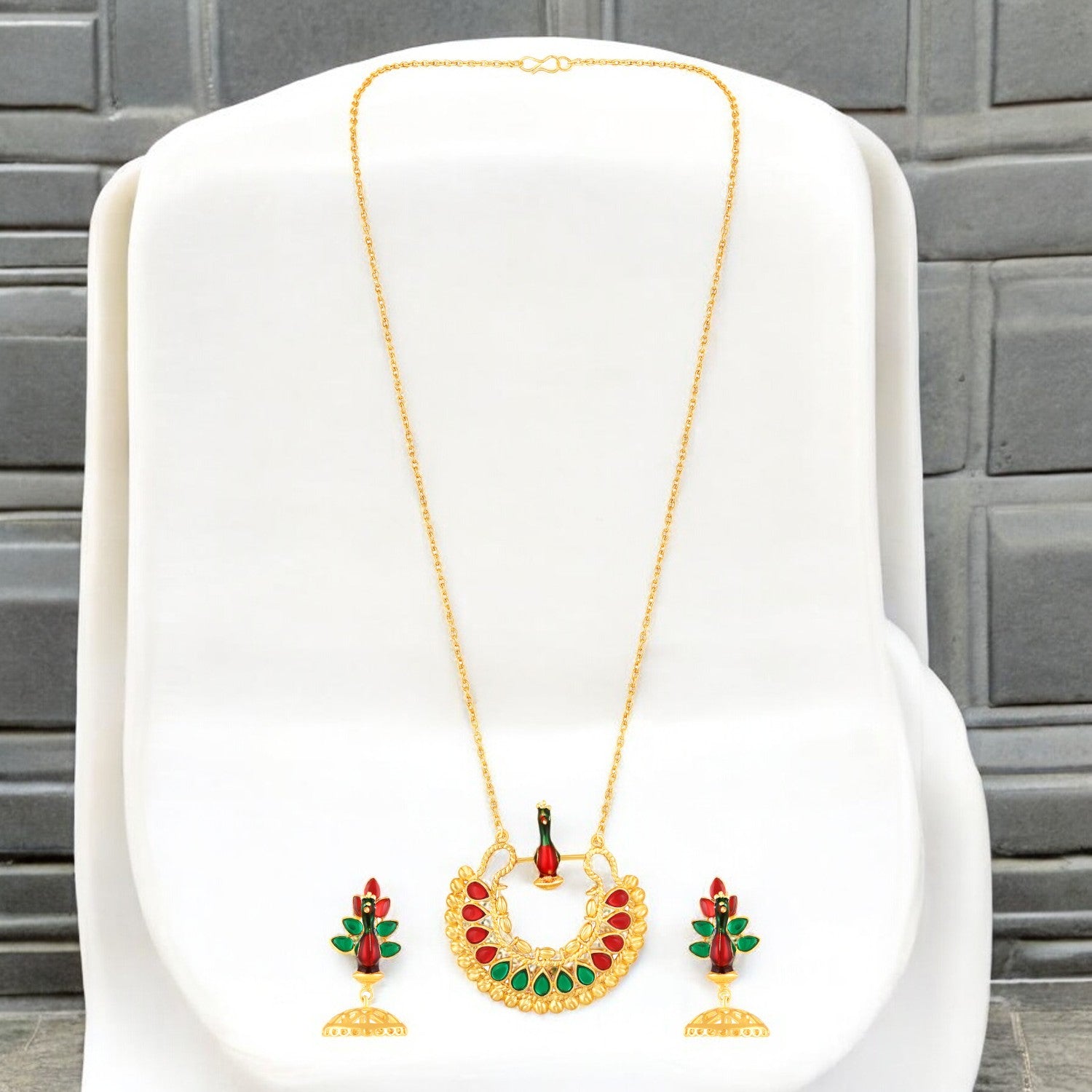 Meenakari Enamel Dancing Peacock-Shaped Pendant and Dangler Jhumka Earrings