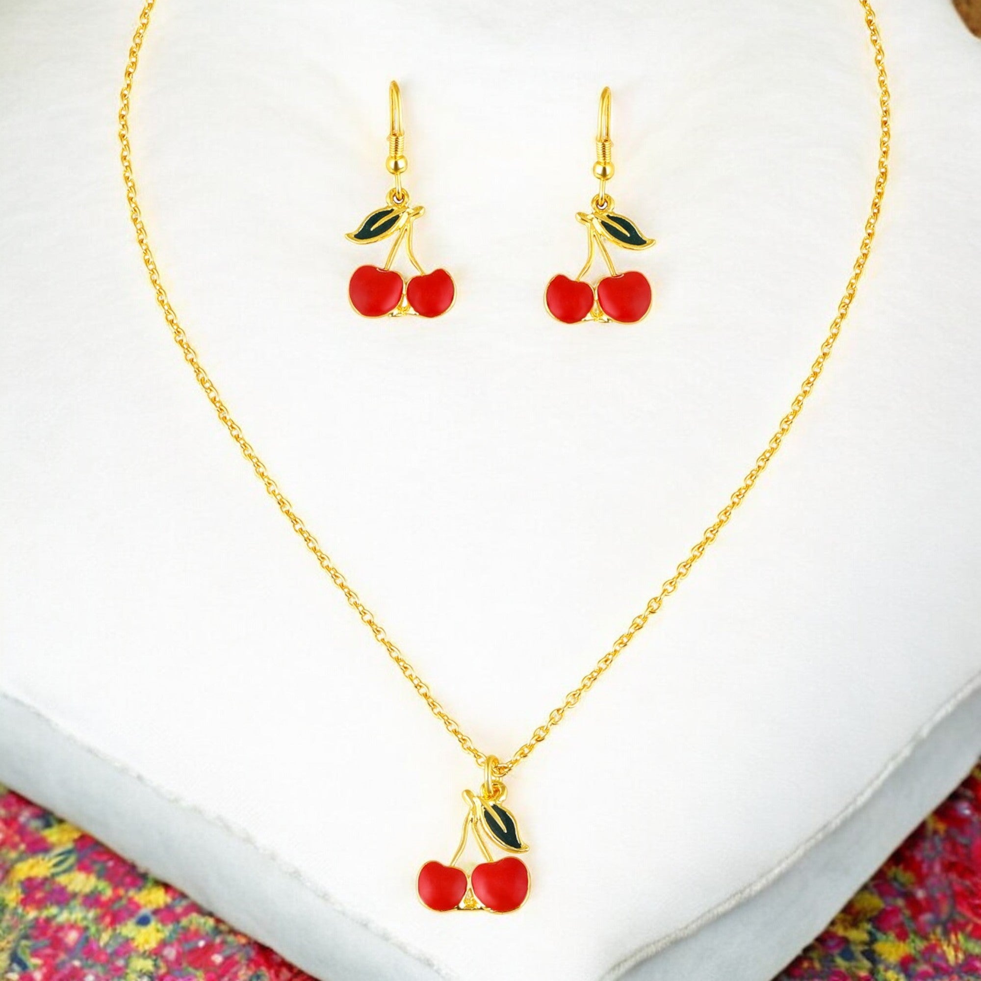 Meenakari Wok Enamel Bunch of Cherry Pendant with Dangler Earrings