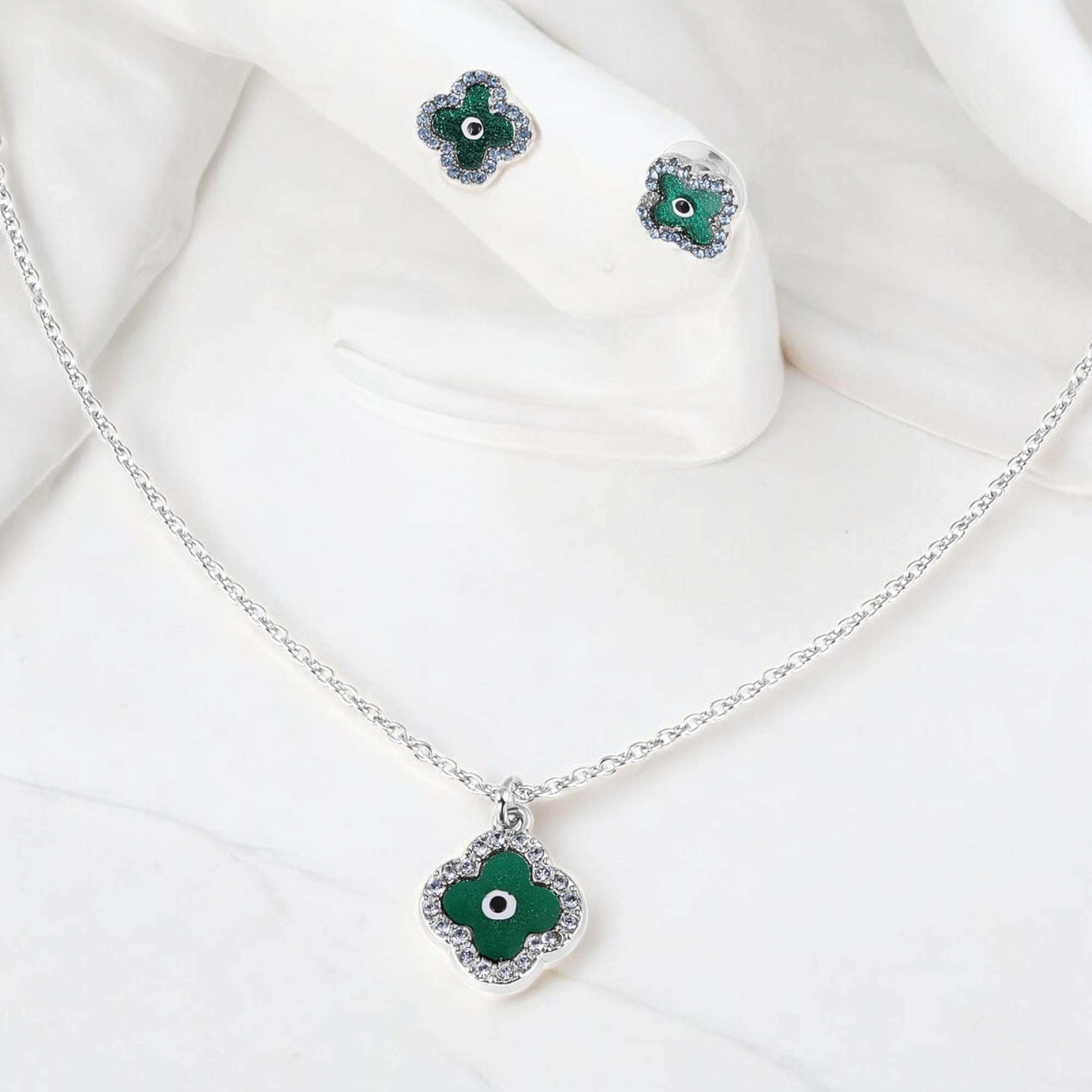 Green Floral Evil Eye Meenakari Work Pendant Set