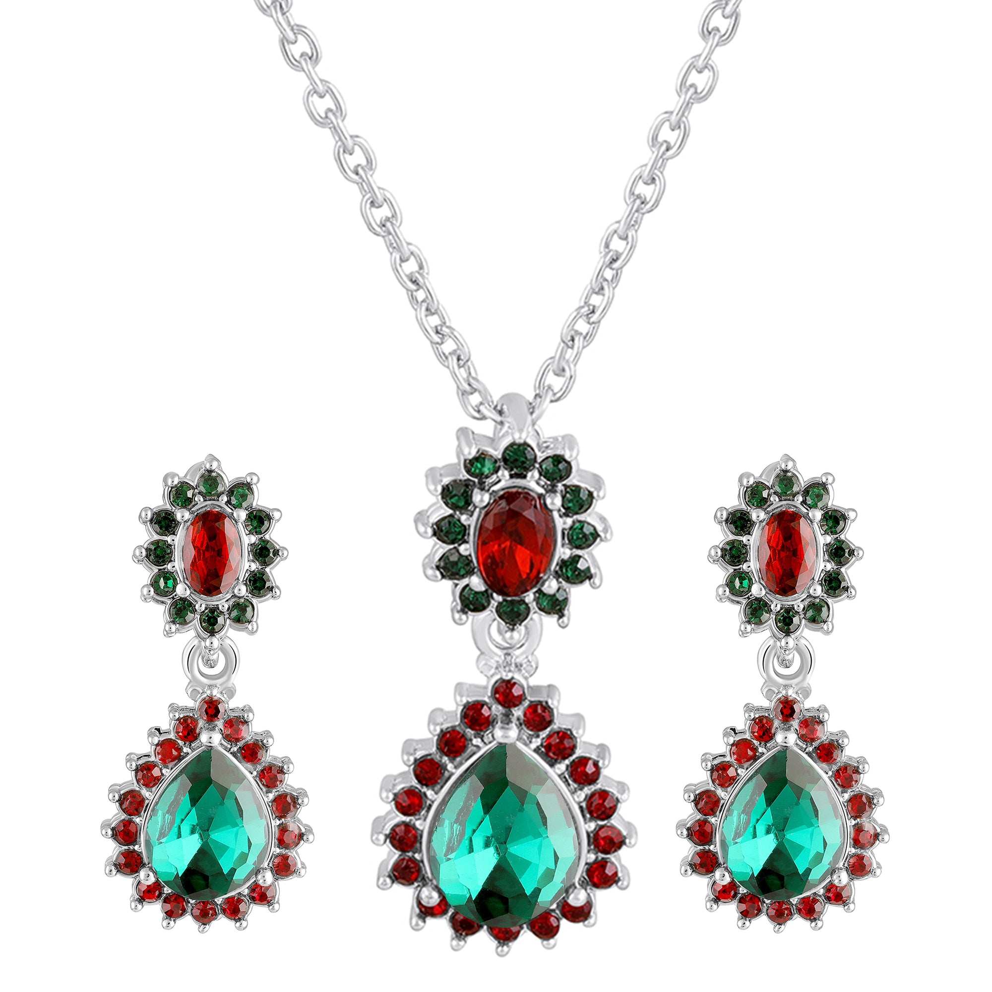 Elegant Teardrop Green & Red Crystals Pendant Set