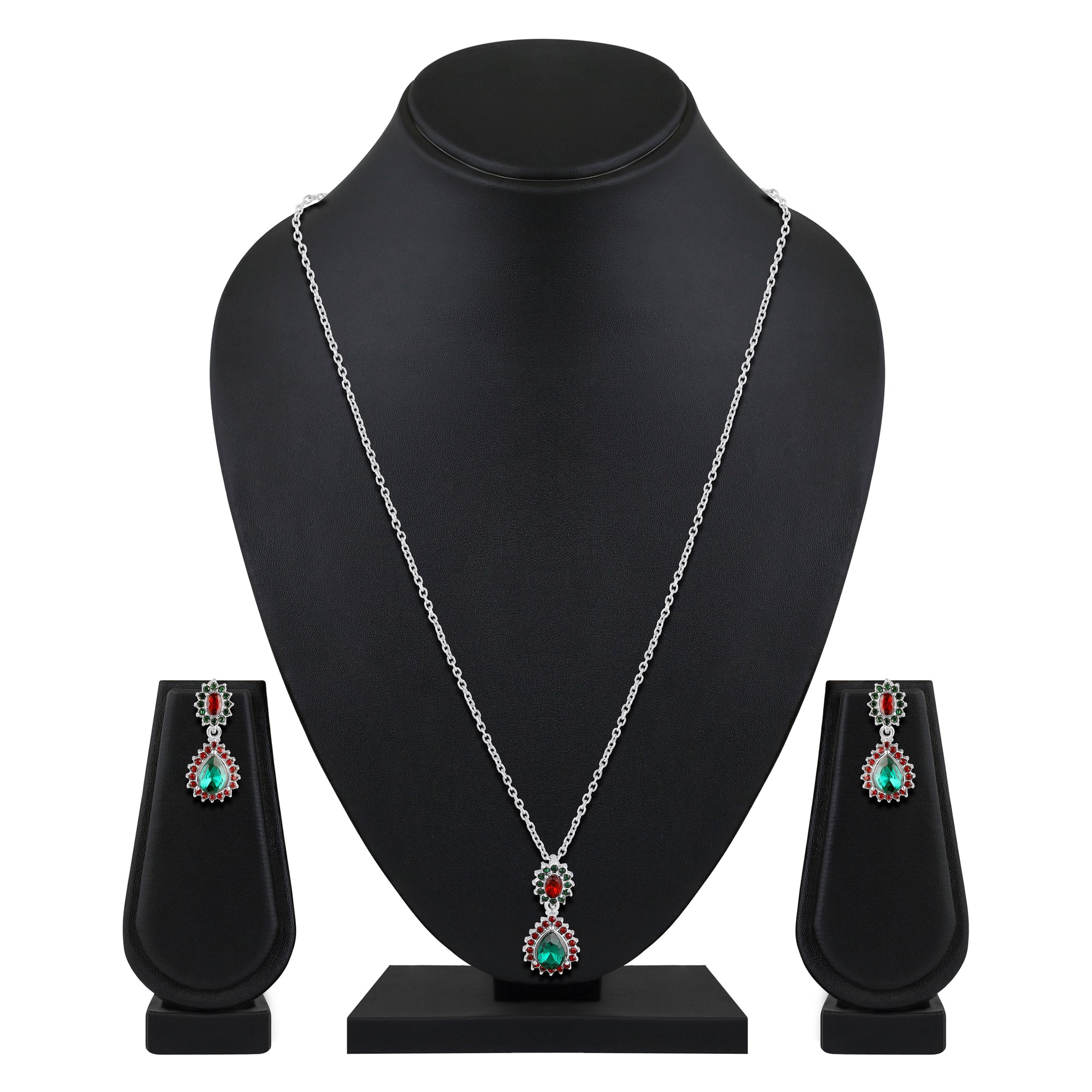 Elegant Teardrop Green & Red Crystals Pendant Set