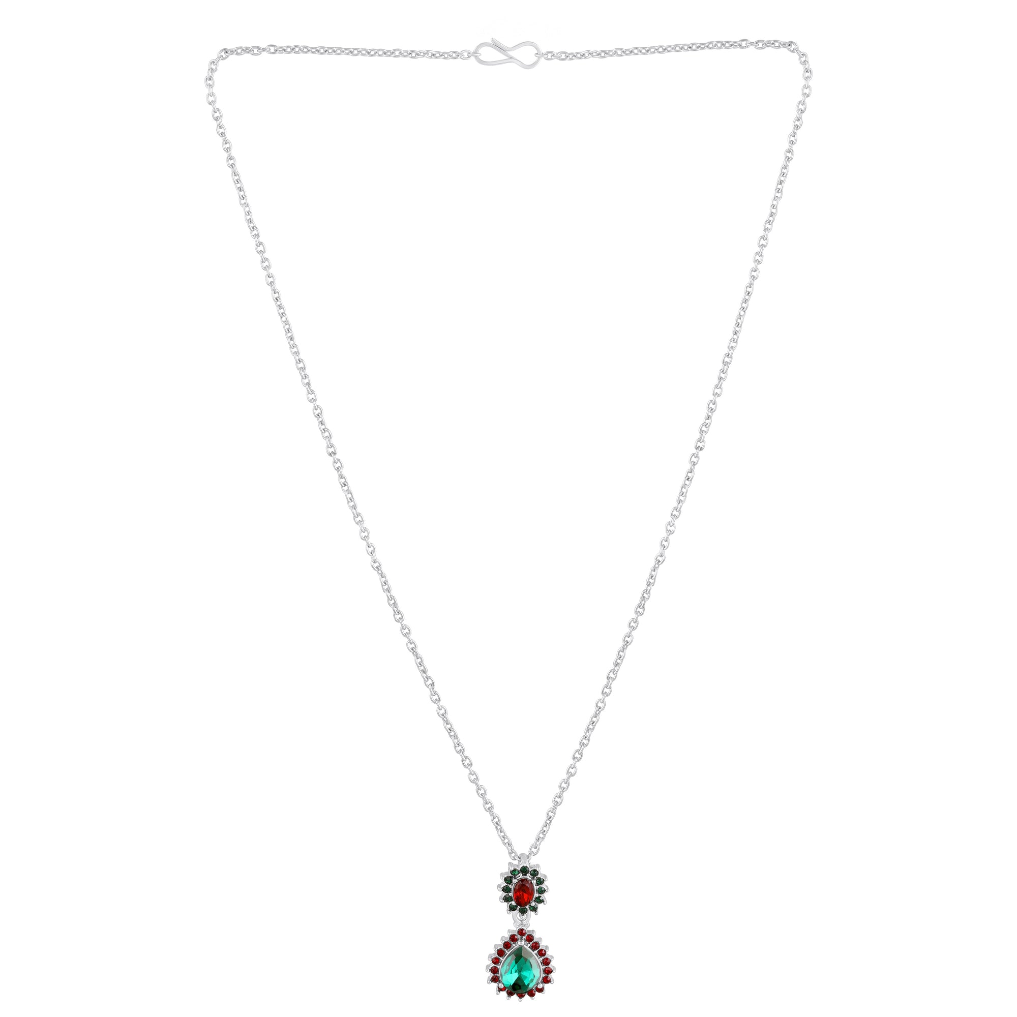 Elegant Teardrop Green & Red Crystals Pendant Set