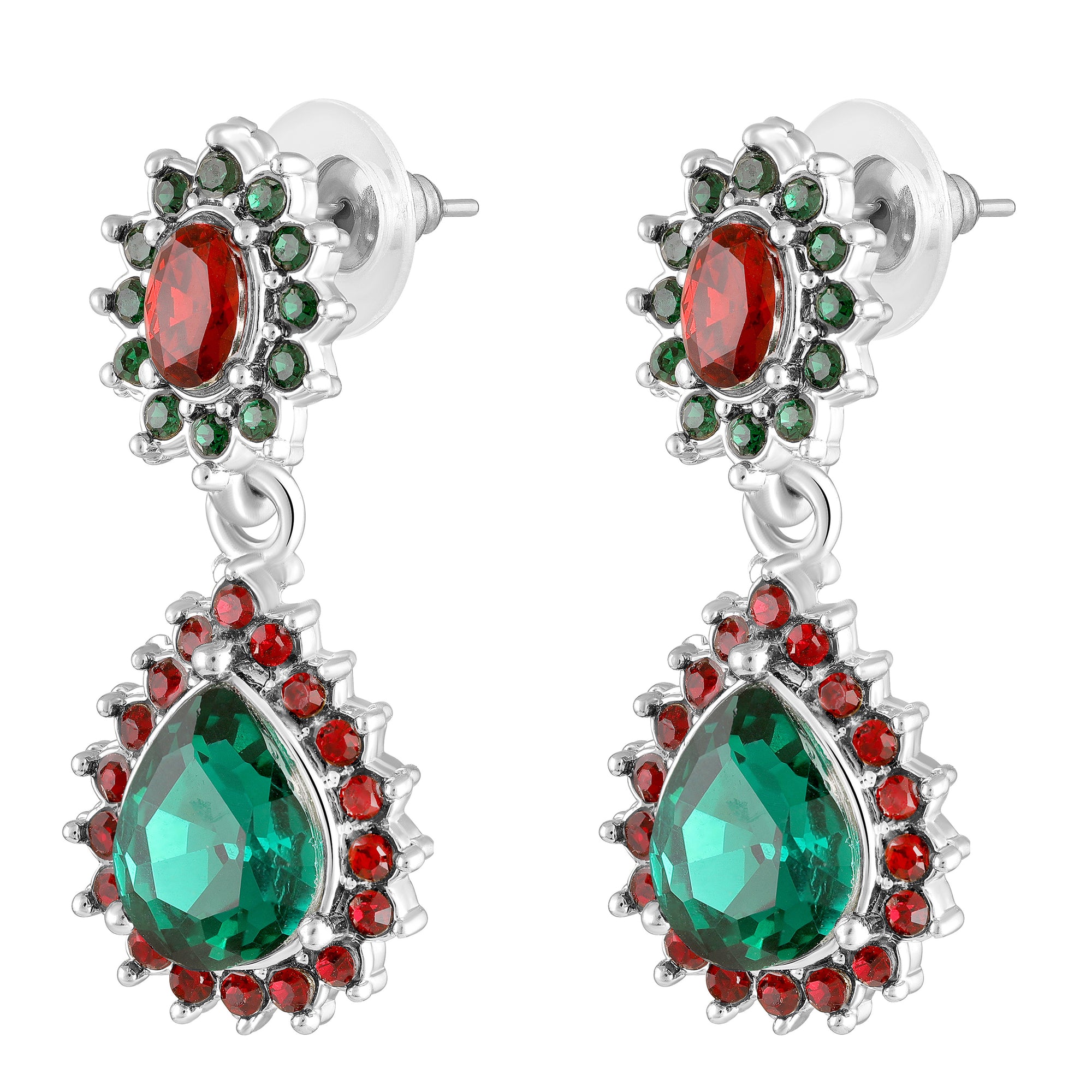 Elegant Teardrop Green & Red Crystals Pendant Set