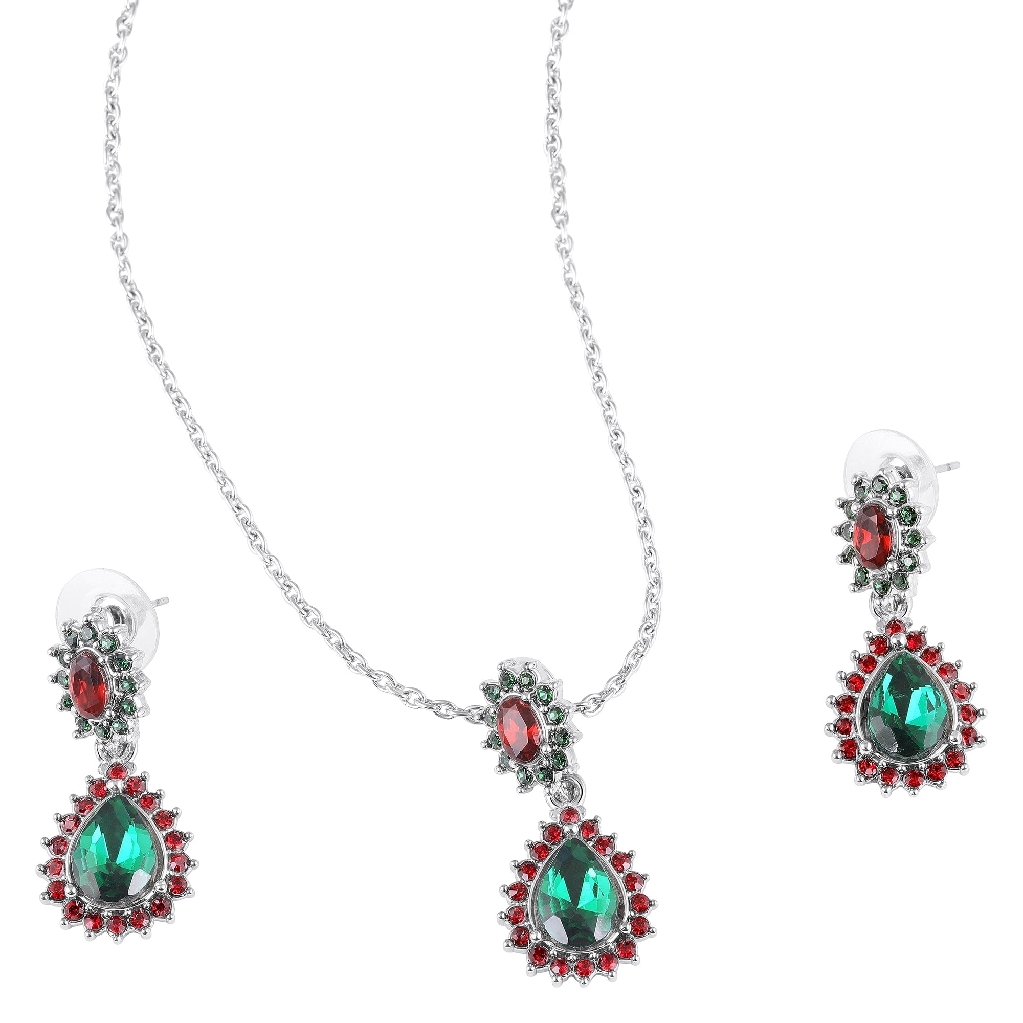 Elegant Teardrop Green & Red Crystals Pendant Set