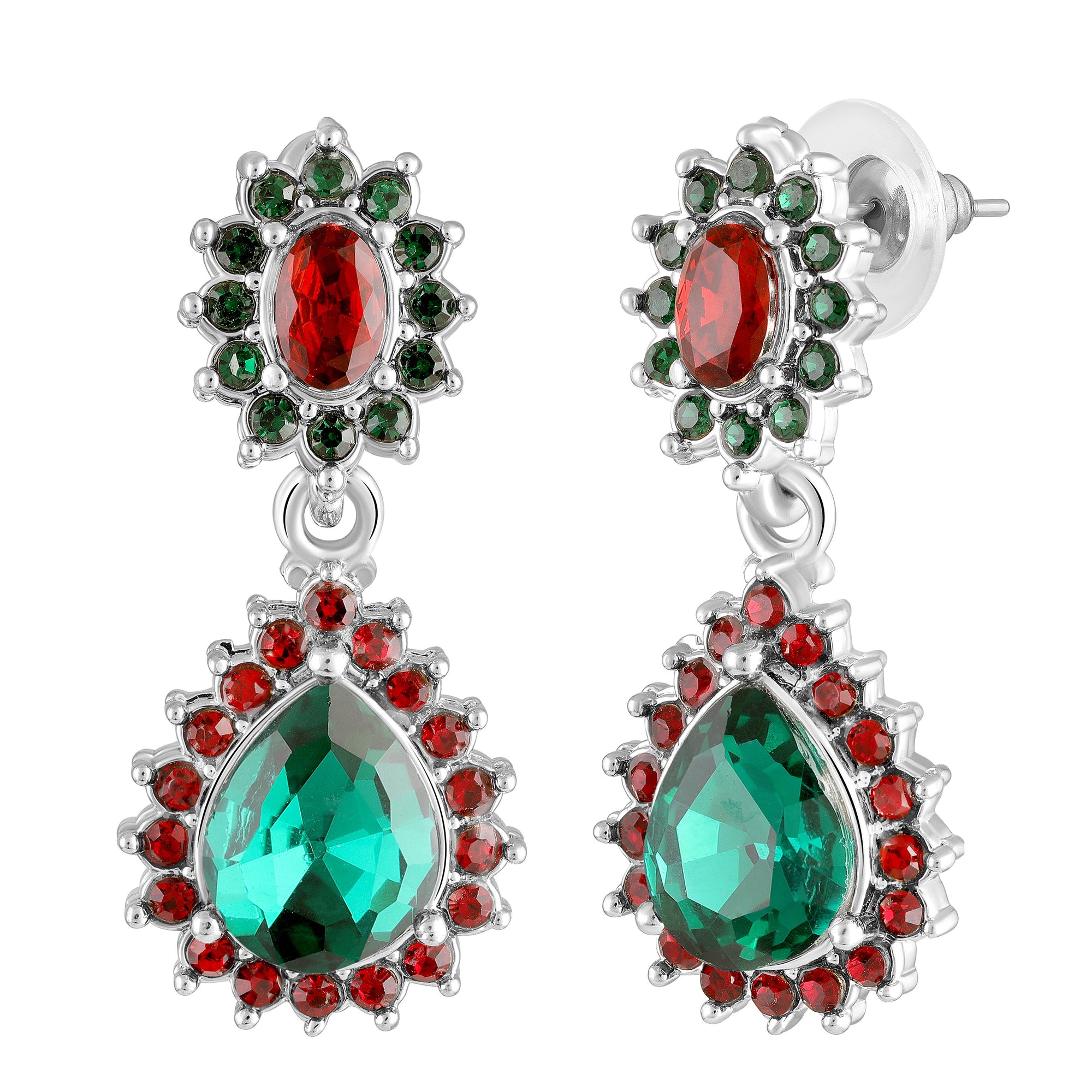 Elegant Teardrop Green & Red Crystals Pendant Set