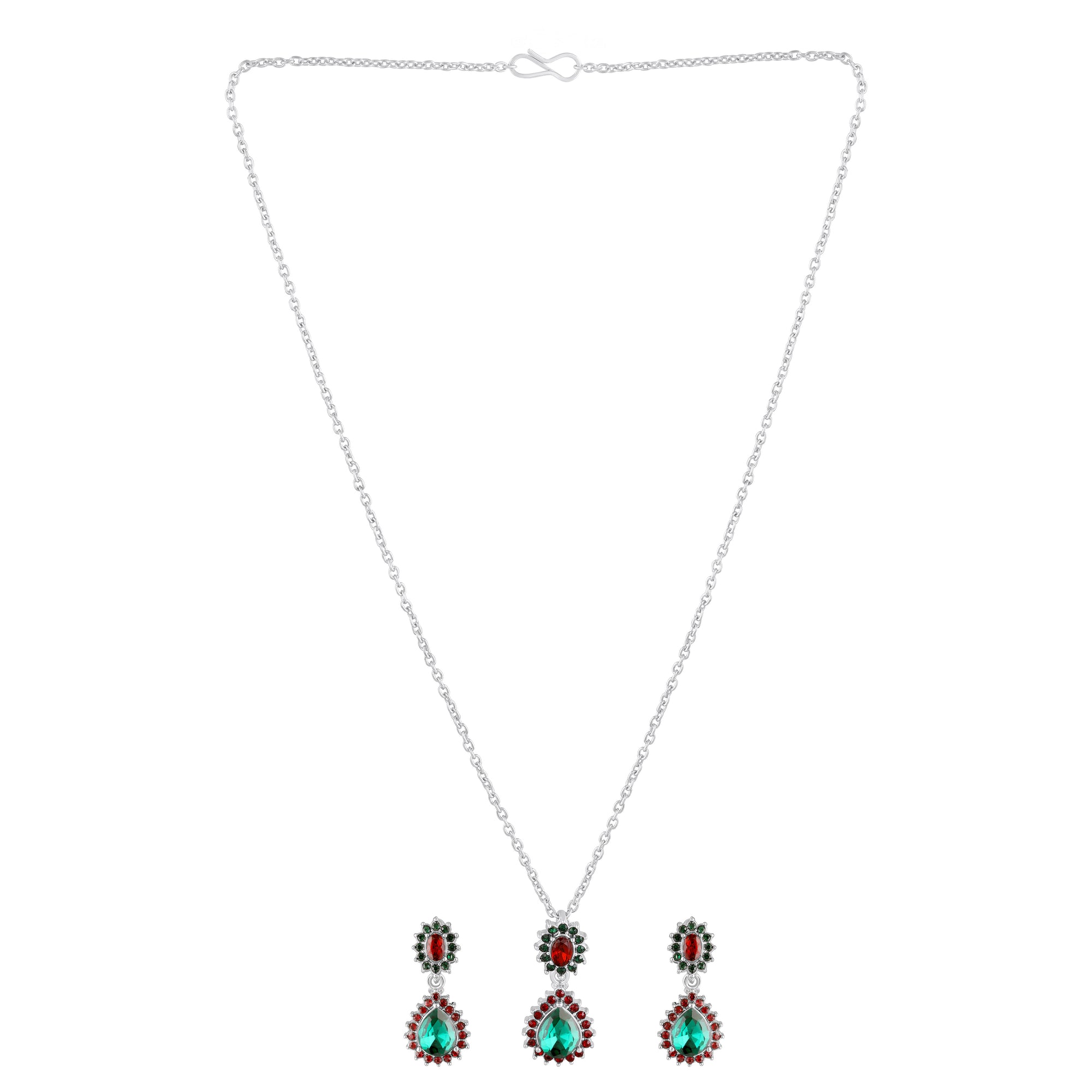 Elegant Teardrop Green & Red Crystals Pendant Set