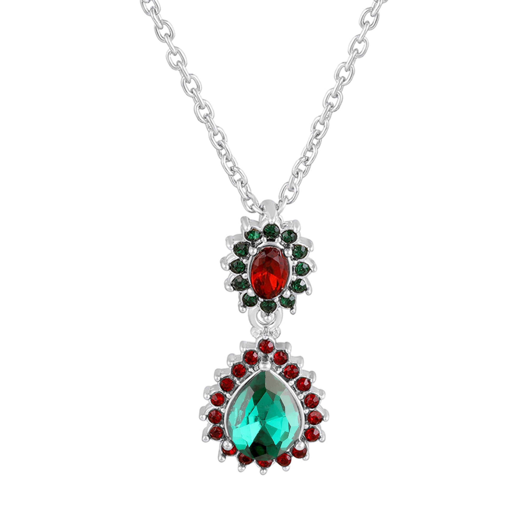Elegant Teardrop Green & Red Crystals Pendant Set