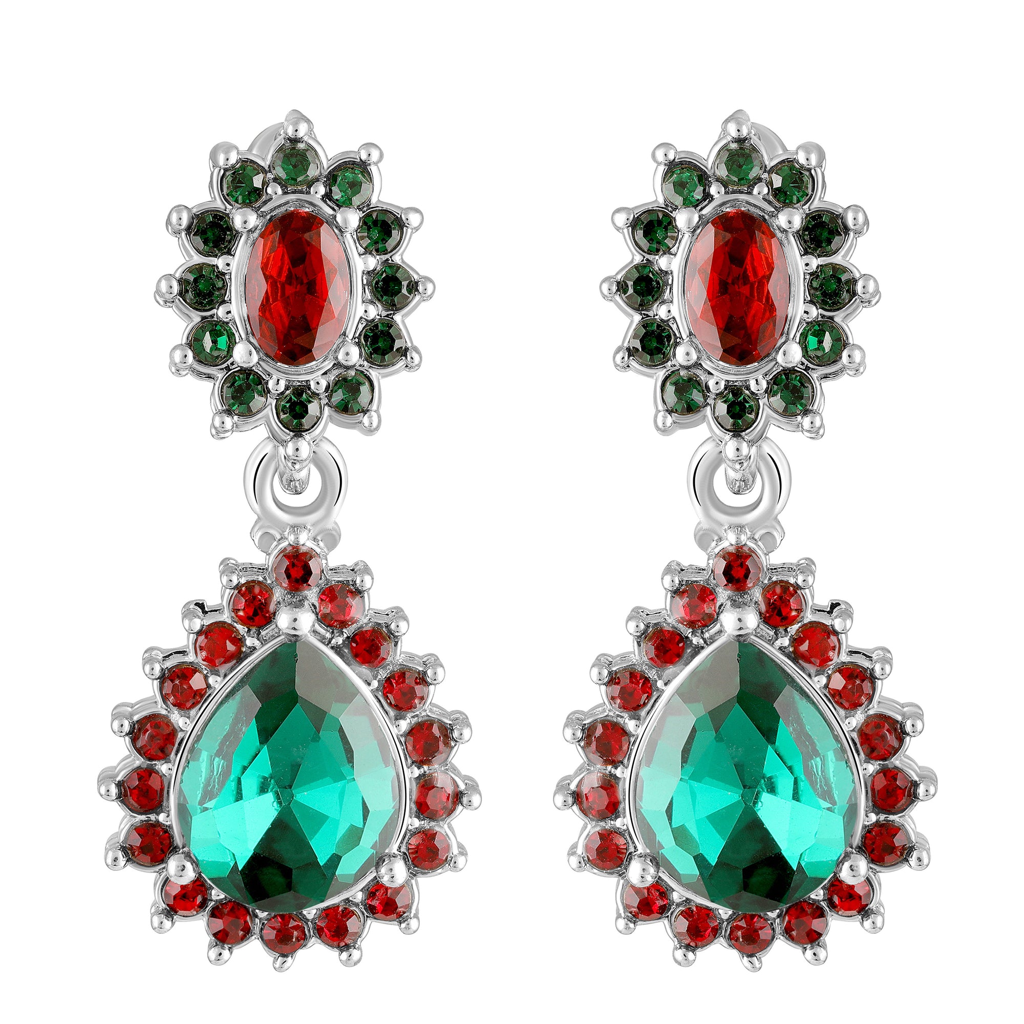 Elegant Teardrop Green & Red Crystals Pendant Set
