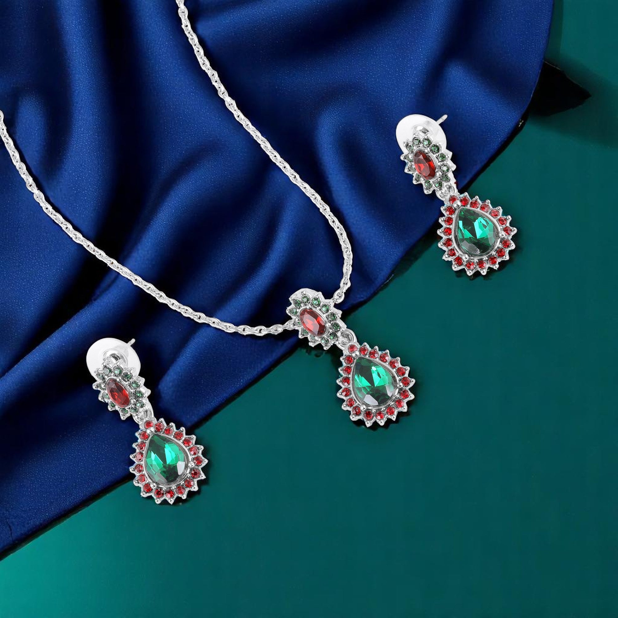 Elegant Teardrop Green & Red Crystals Pendant Set