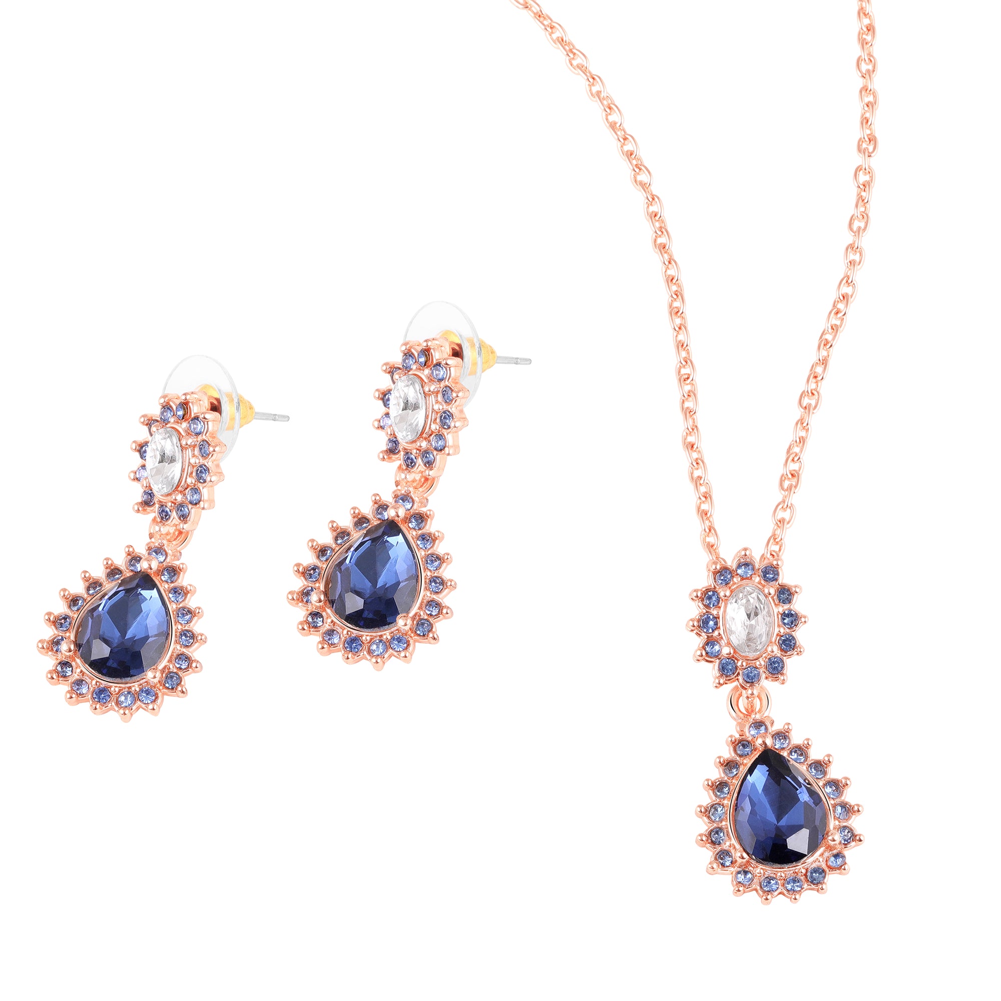 Elegant Teardrop Green & Red Crystals Pendant Set