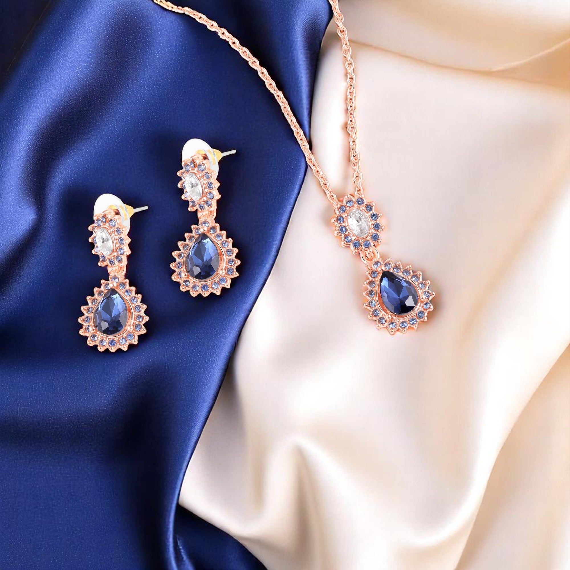 Elegant Teardrop Green & Red Crystals Pendant Set