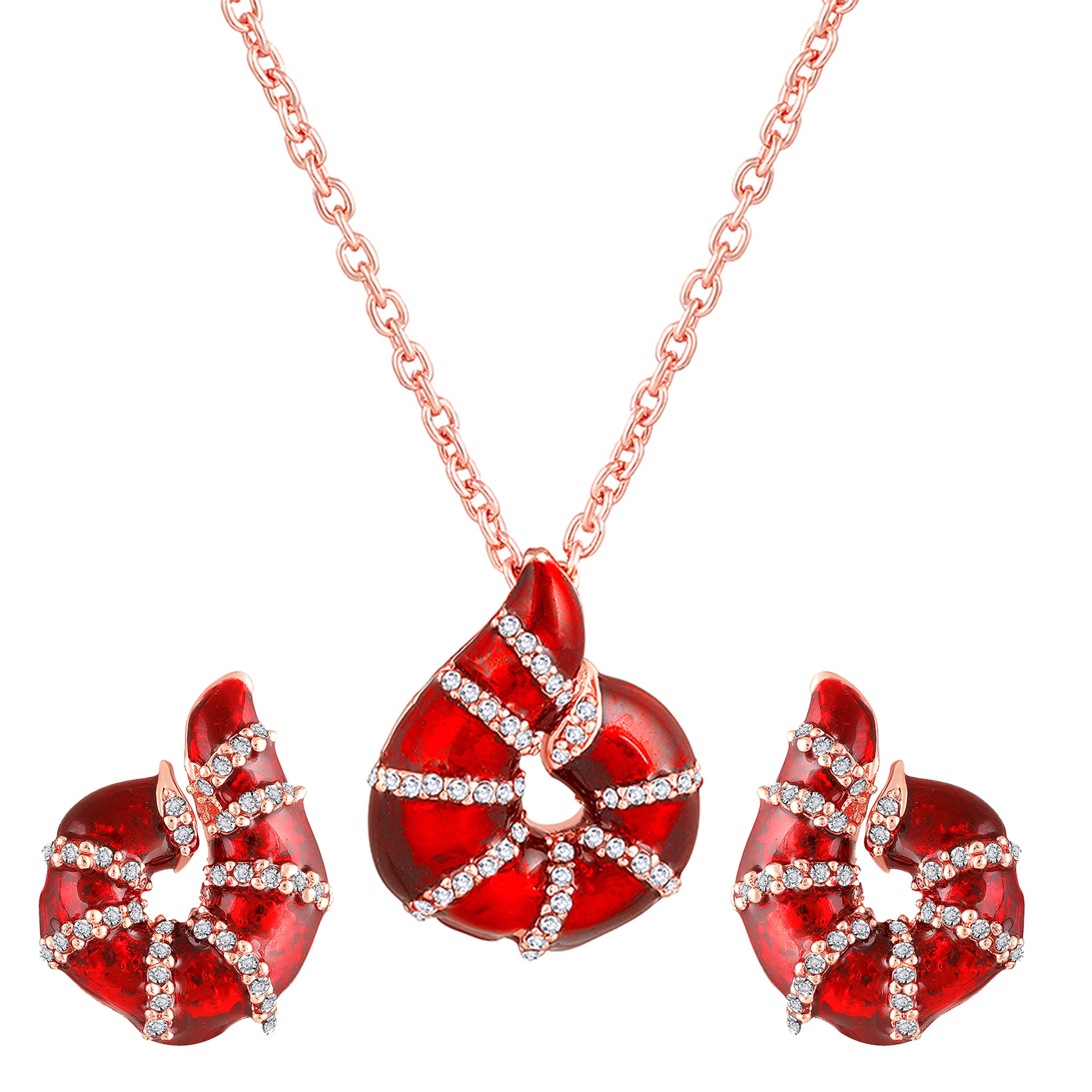 Red Meenakari Work Shell-Shaped Pendant and Earrings Set with Crystal Accents