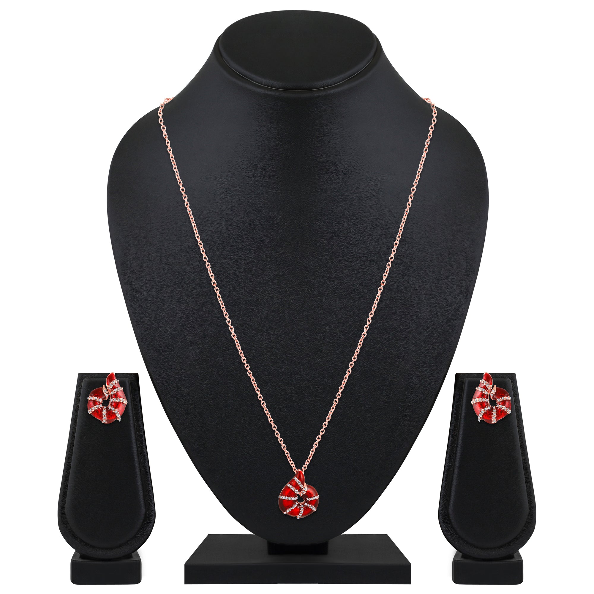 Red Meenakari Work Shell-Shaped Pendant and Earrings Set with Crystal Accents