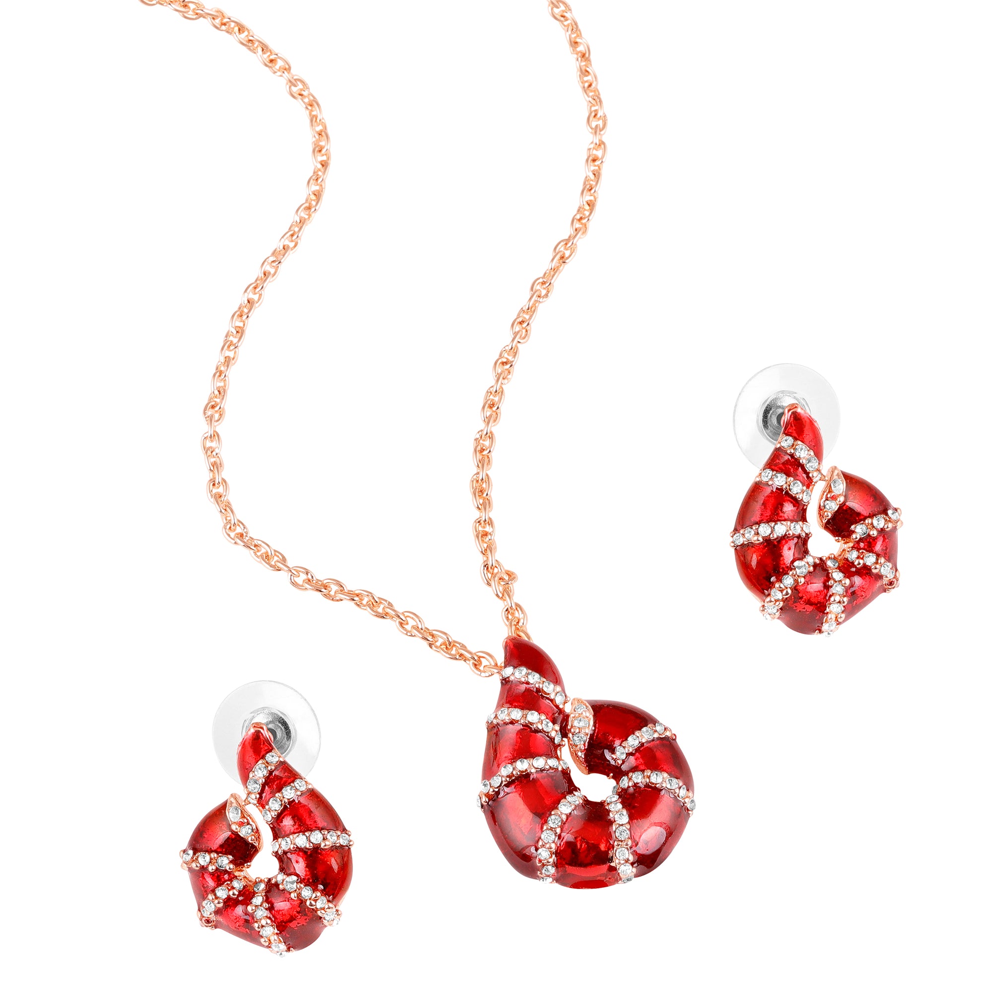 Red Meenakari Work Shell-Shaped Pendant and Earrings Set with Crystal Accents