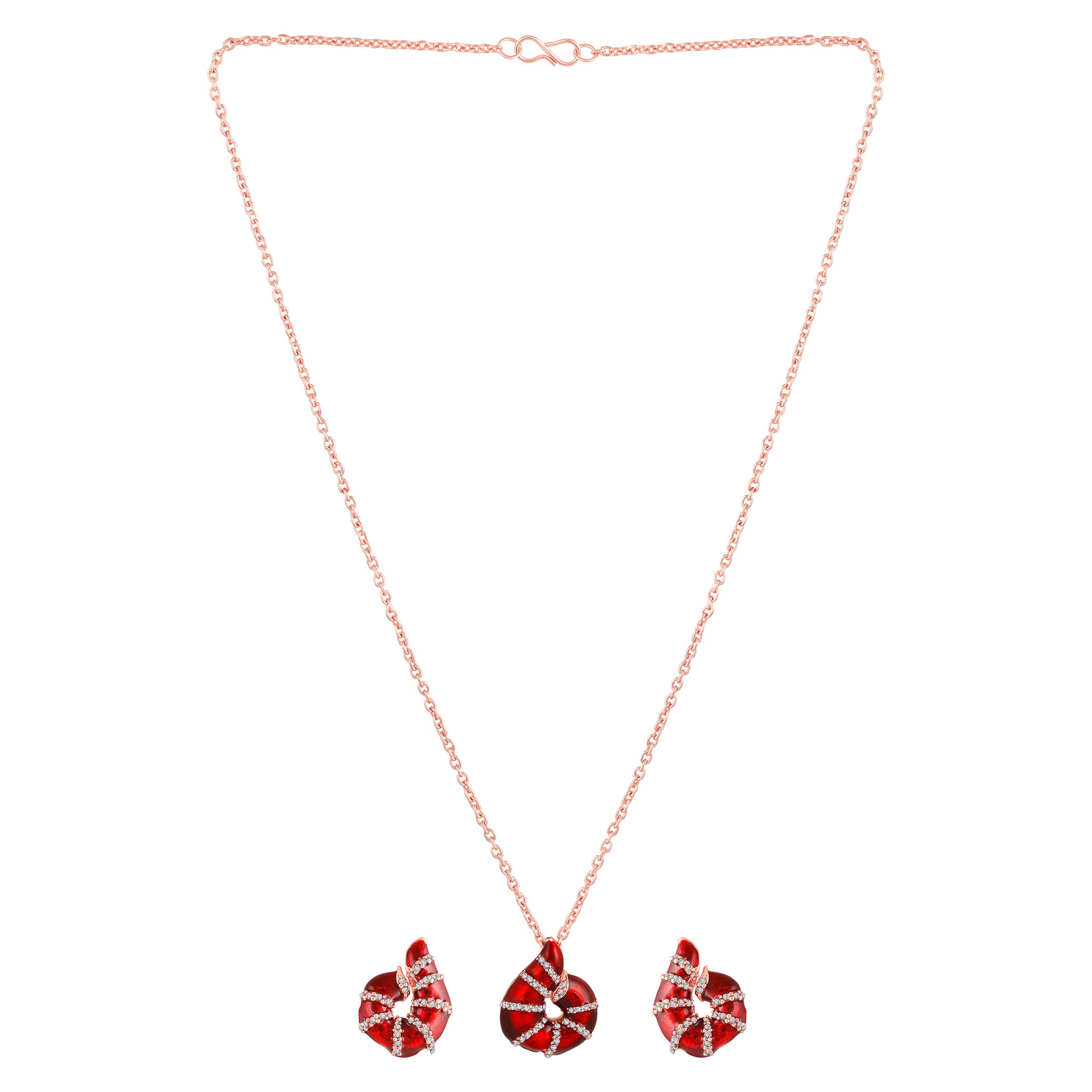 Red Meenakari Work Shell-Shaped Pendant and Earrings Set with Crystal Accents