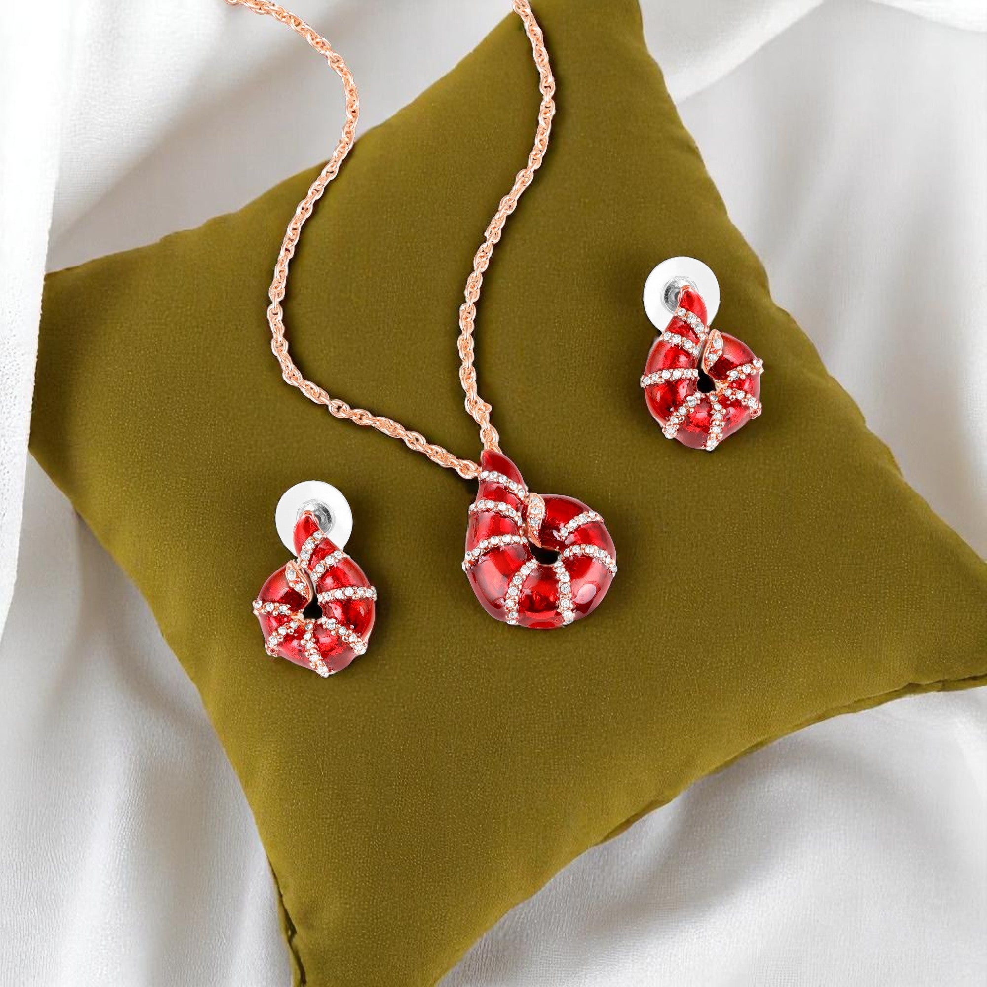 Red Meenakari Work Shell-Shaped Pendant and Earrings Set with Crystal Accents