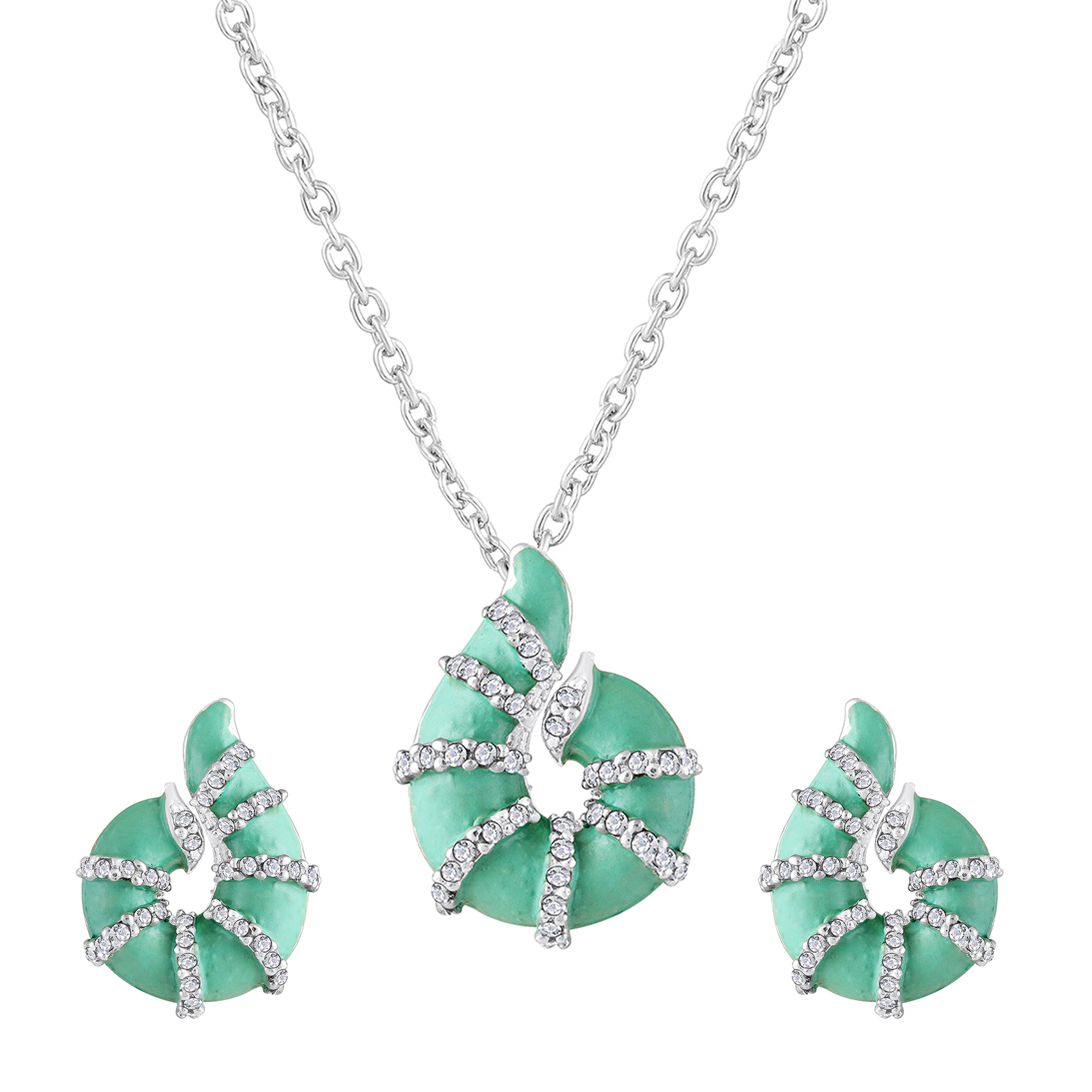 Red Meenakari Work Shell-Shaped Pendant and Earrings Set with Crystal Accents