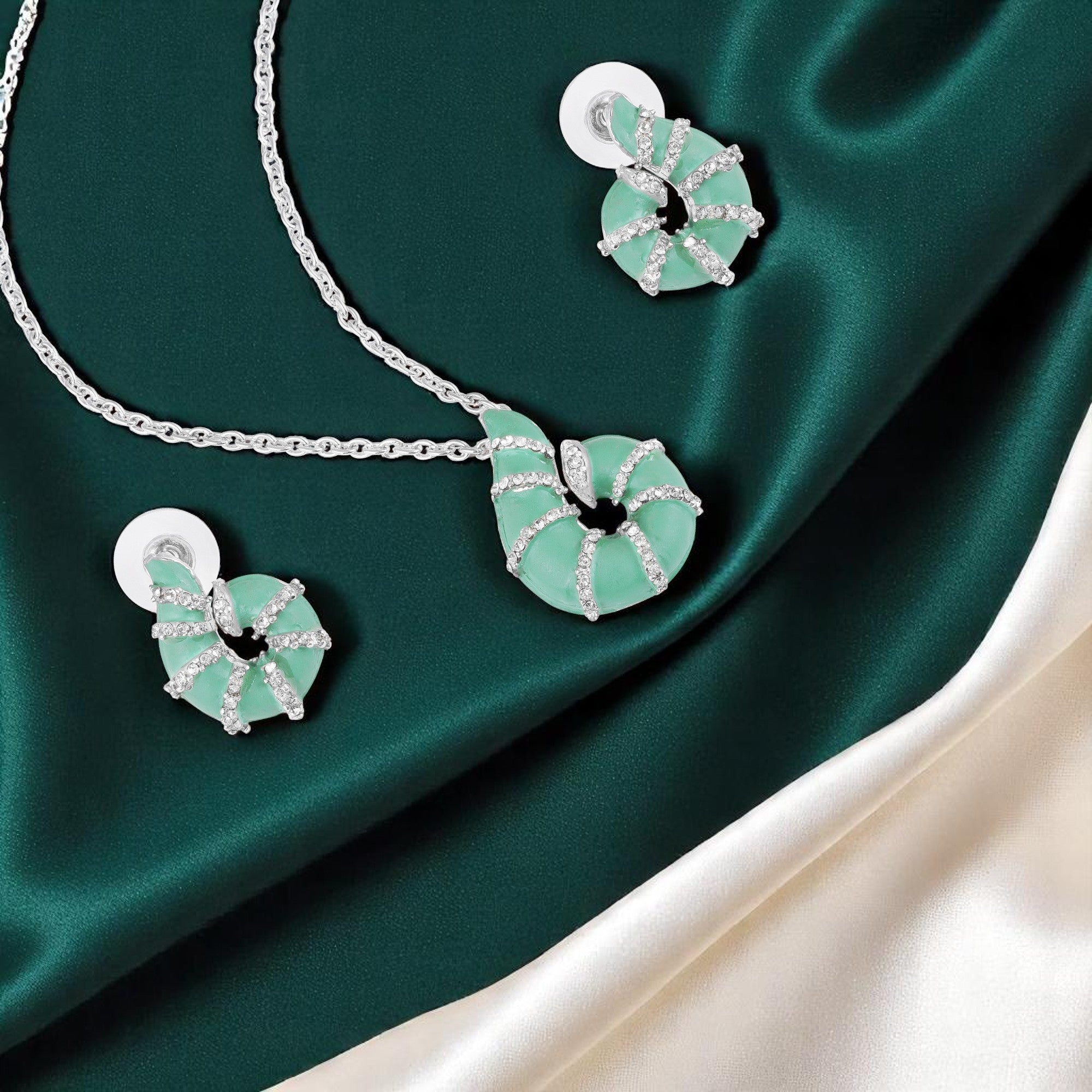 Red Meenakari Work Shell-Shaped Pendant and Earrings Set with Crystal Accents