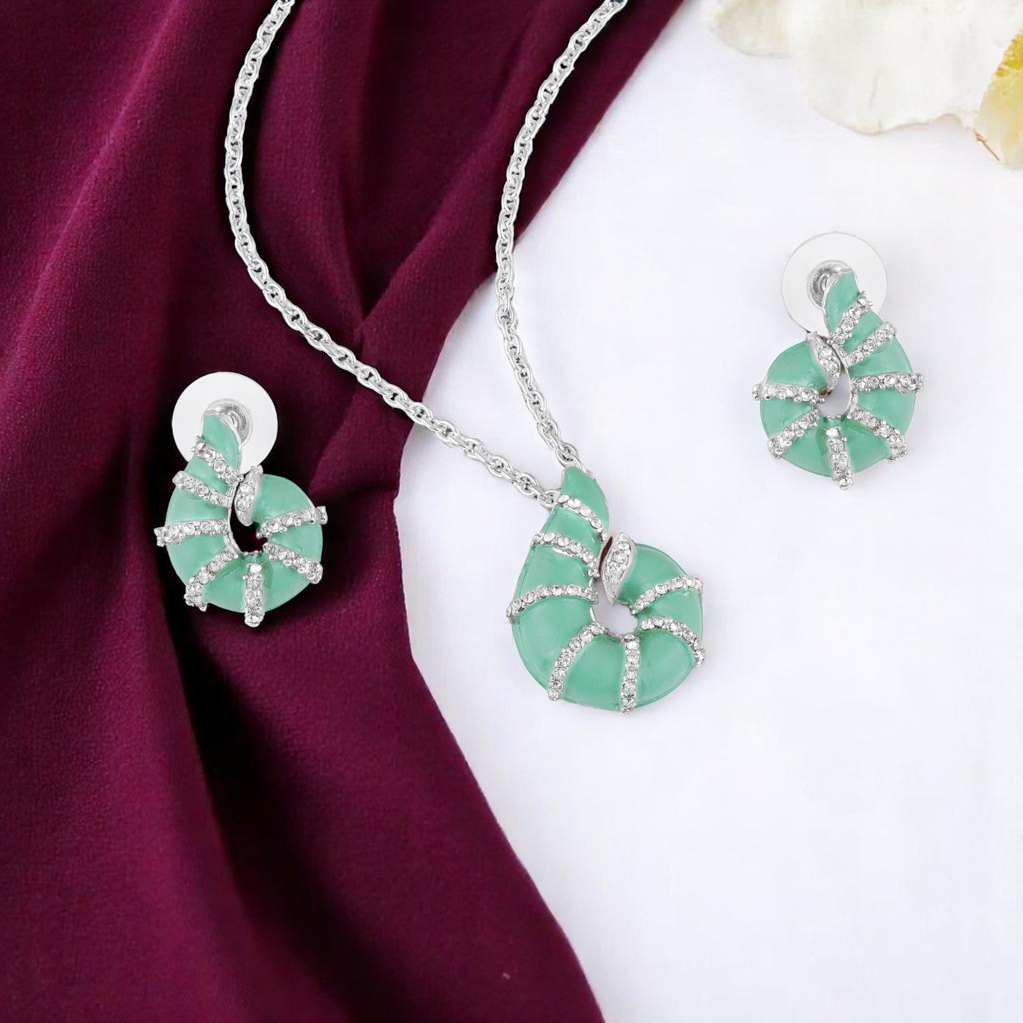 Red Meenakari Work Shell-Shaped Pendant and Earrings Set with Crystal Accents