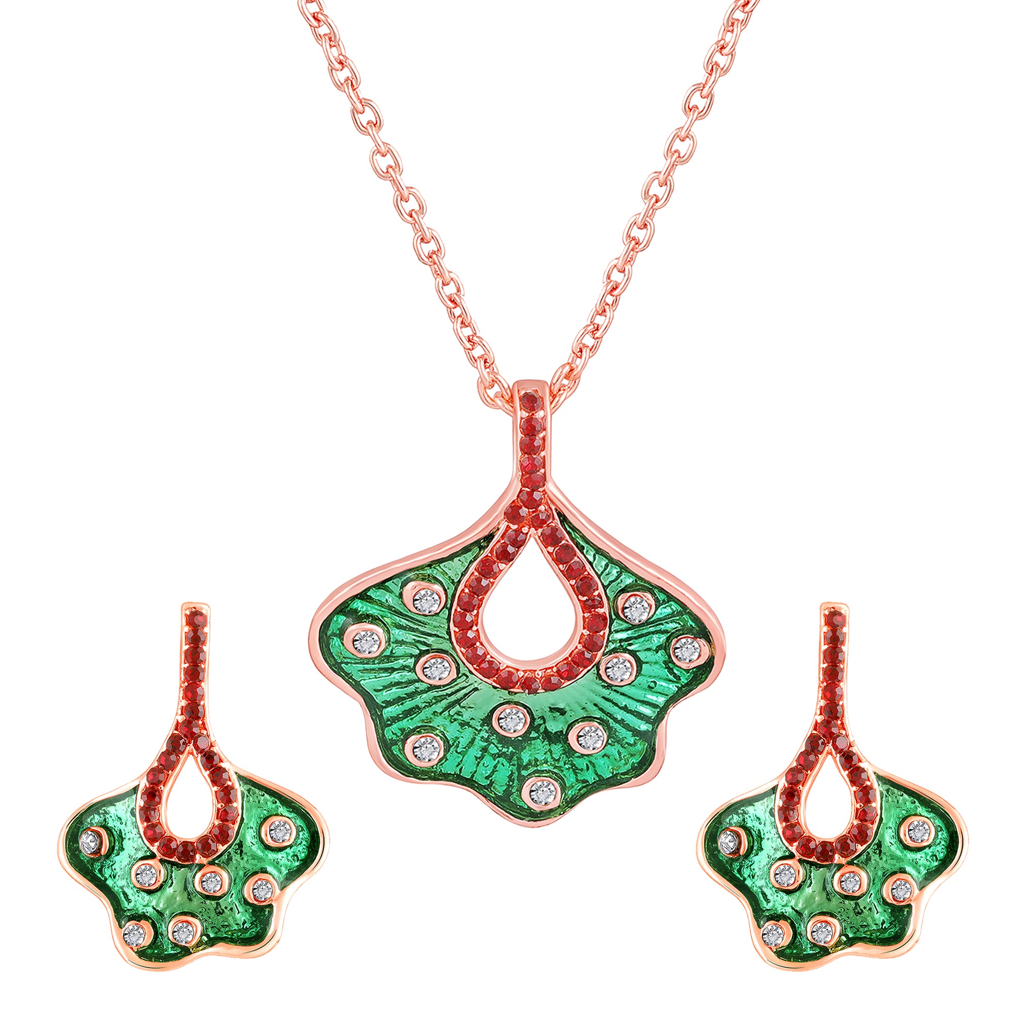Green Meenakari Work Floral-Fan Shape Pendant Set