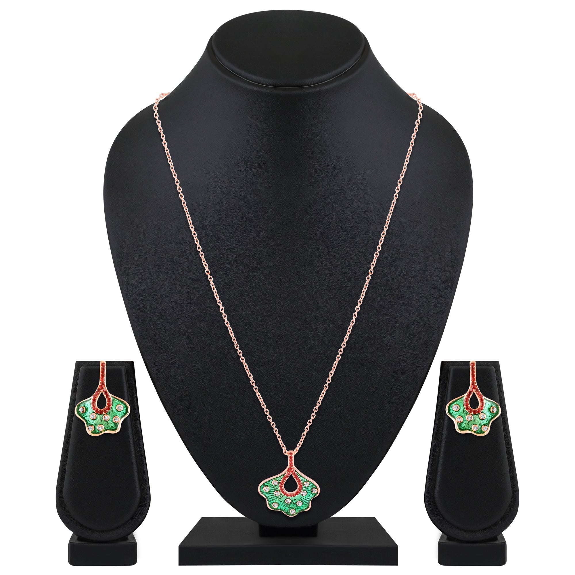 Green Meenakari Work Floral-Fan Shape Pendant Set