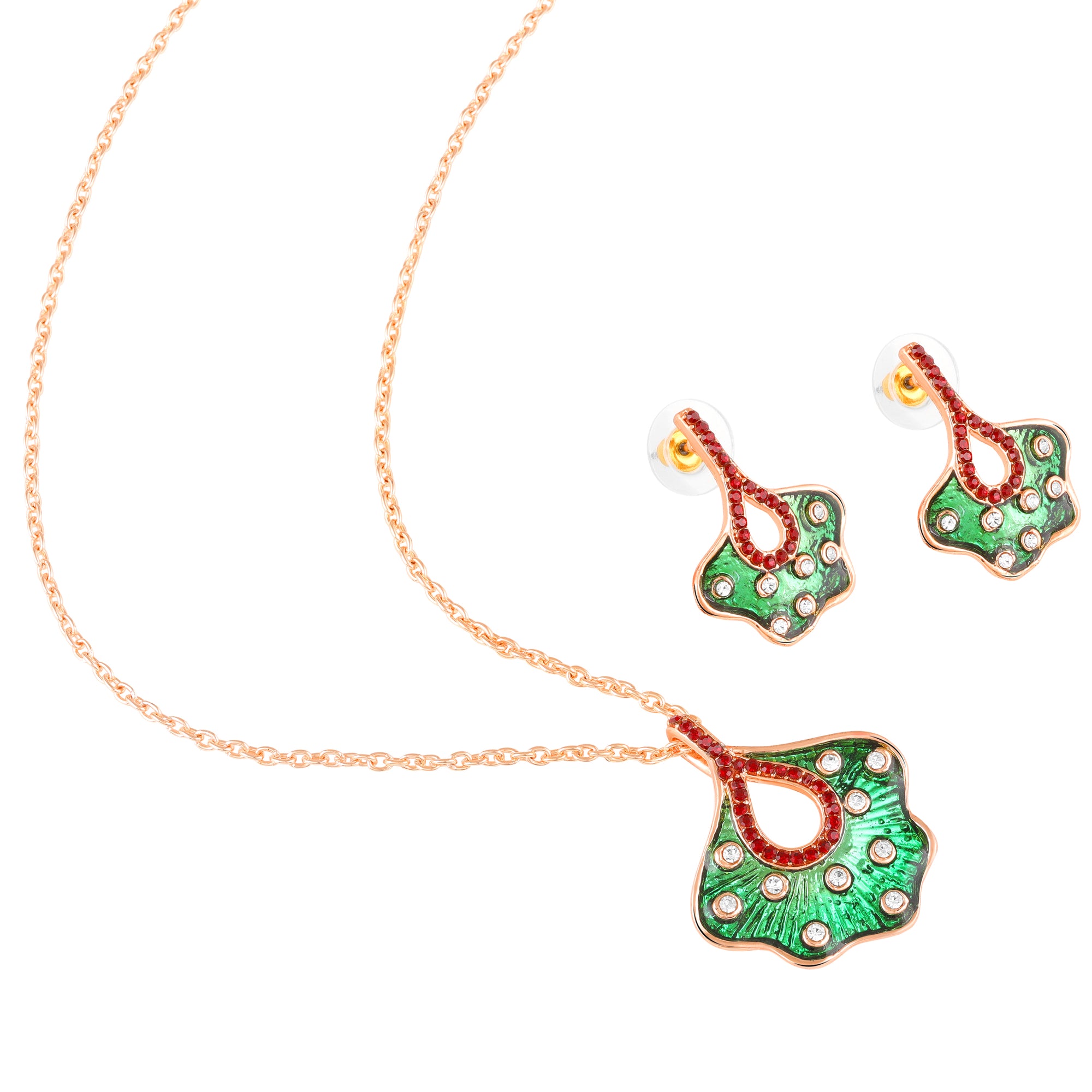 Green Meenakari Work Floral-Fan Shape Pendant Set