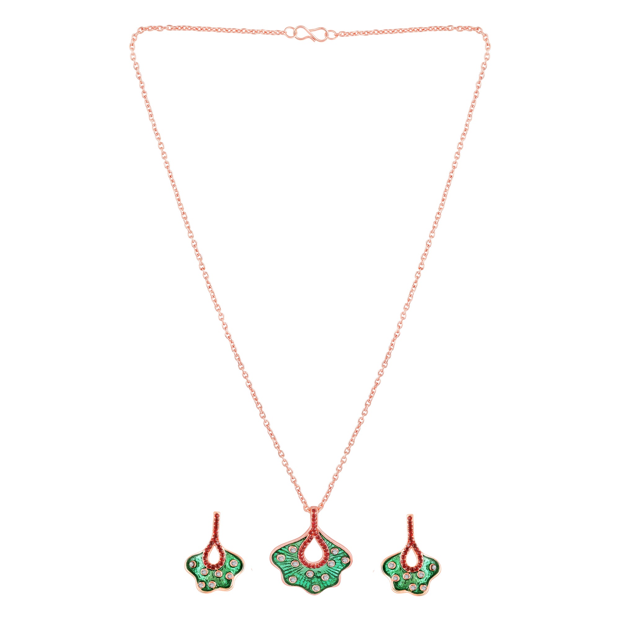 Green Meenakari Work Floral-Fan Shape Pendant Set