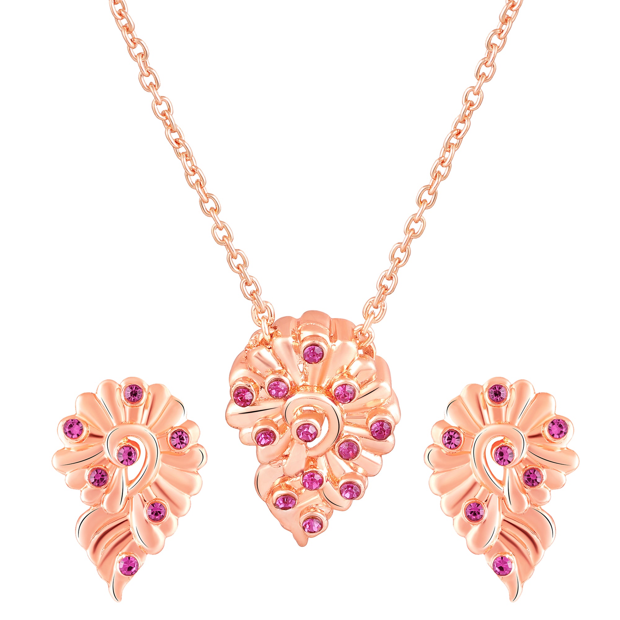 Leaf Motif Pendant Set with Pink Crystals