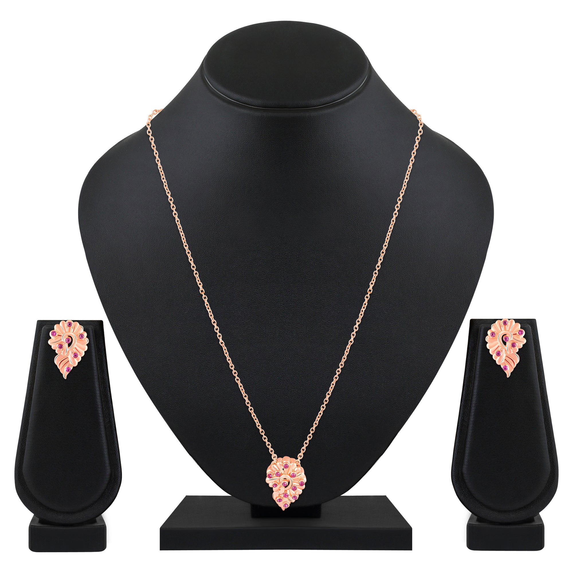 Leaf Motif Pendant Set with Pink Crystals