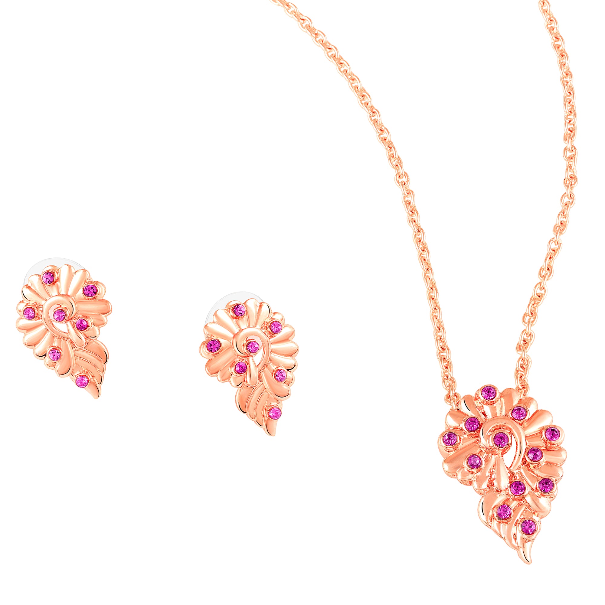 Leaf Motif Pendant Set with Pink Crystals