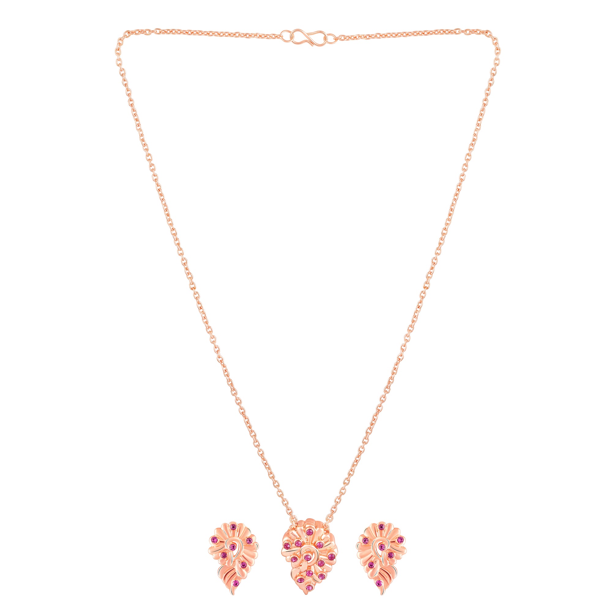 Leaf Motif Pendant Set with Pink Crystals
