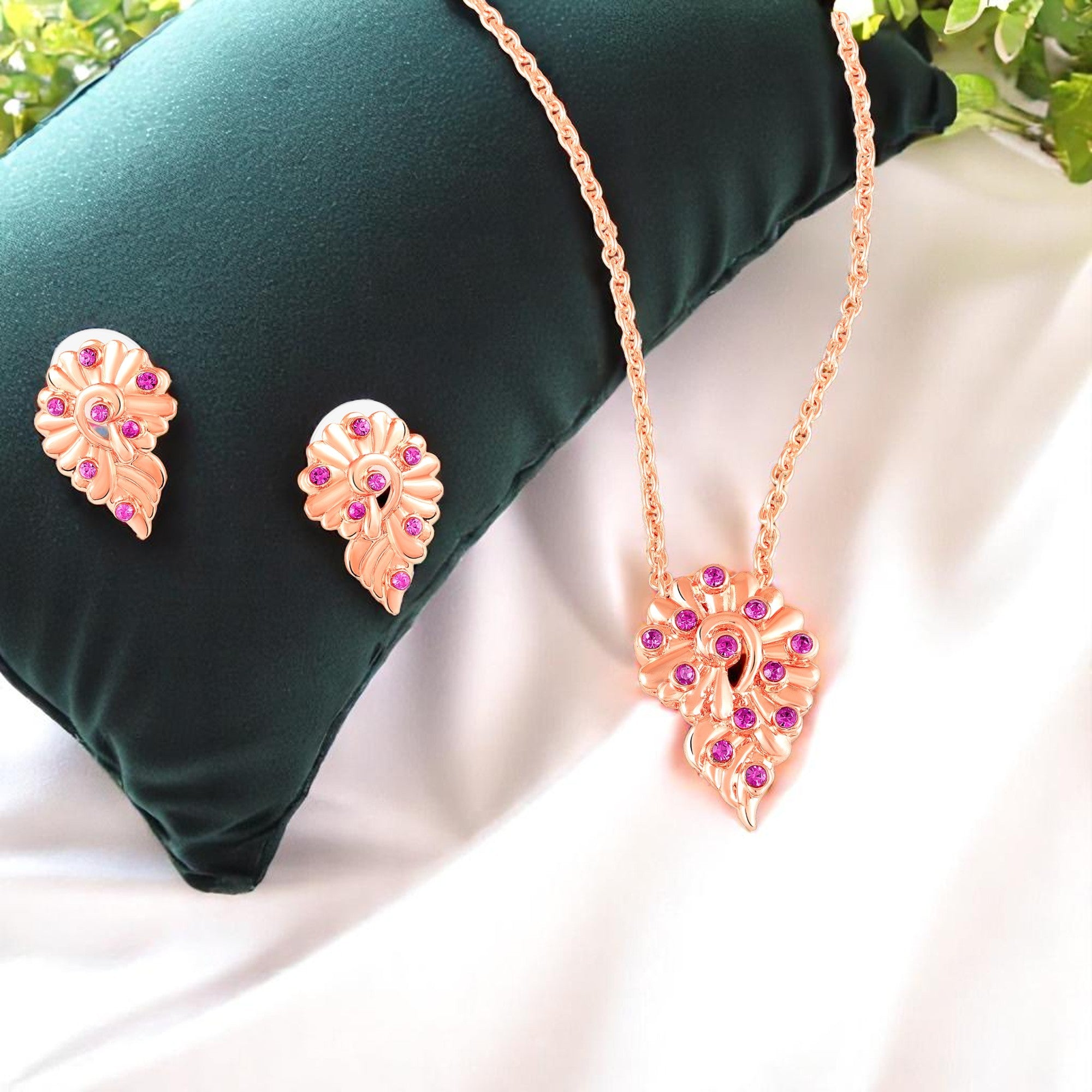 Leaf Motif Pendant Set with Pink Crystals