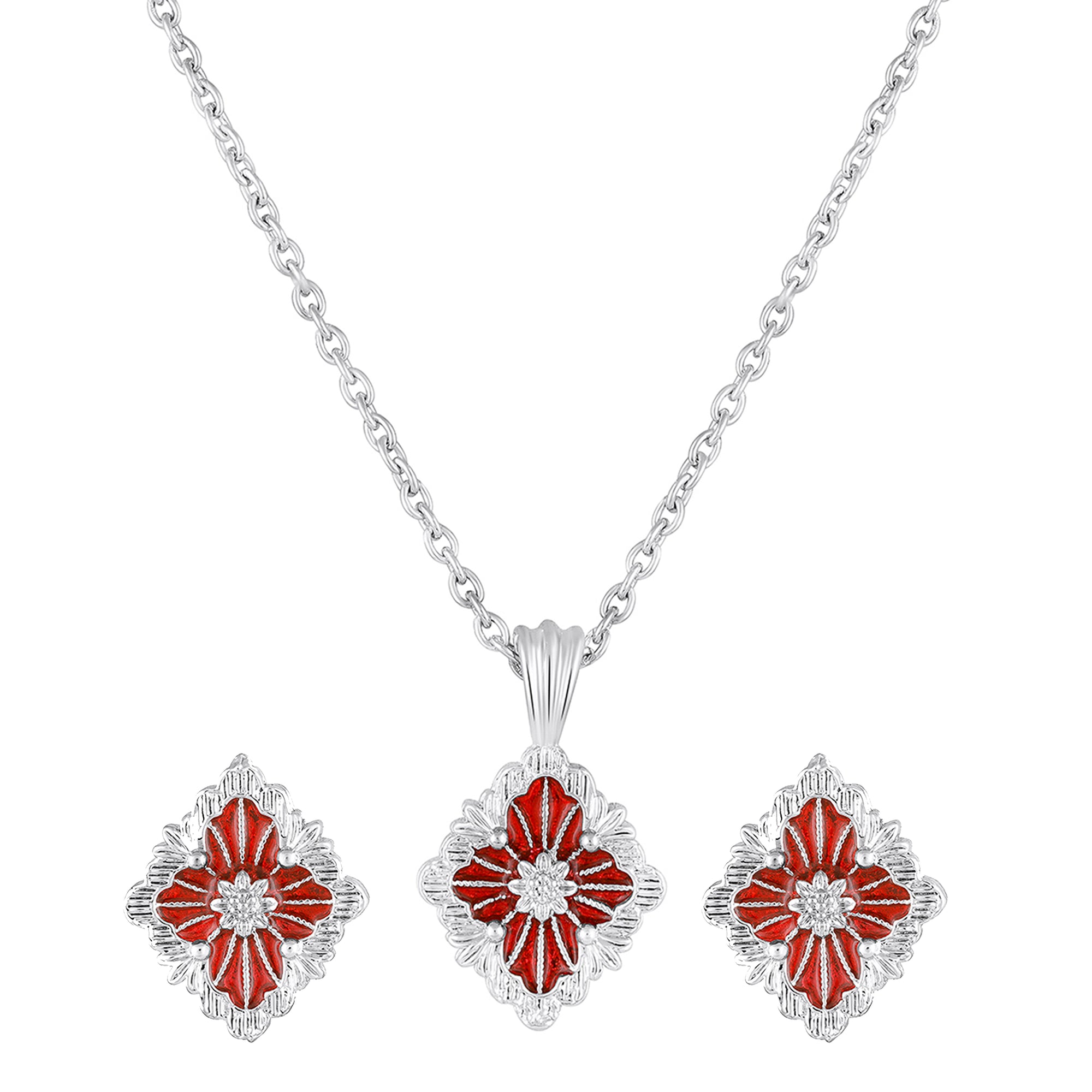 Red Meenakari Floral Pendant Set