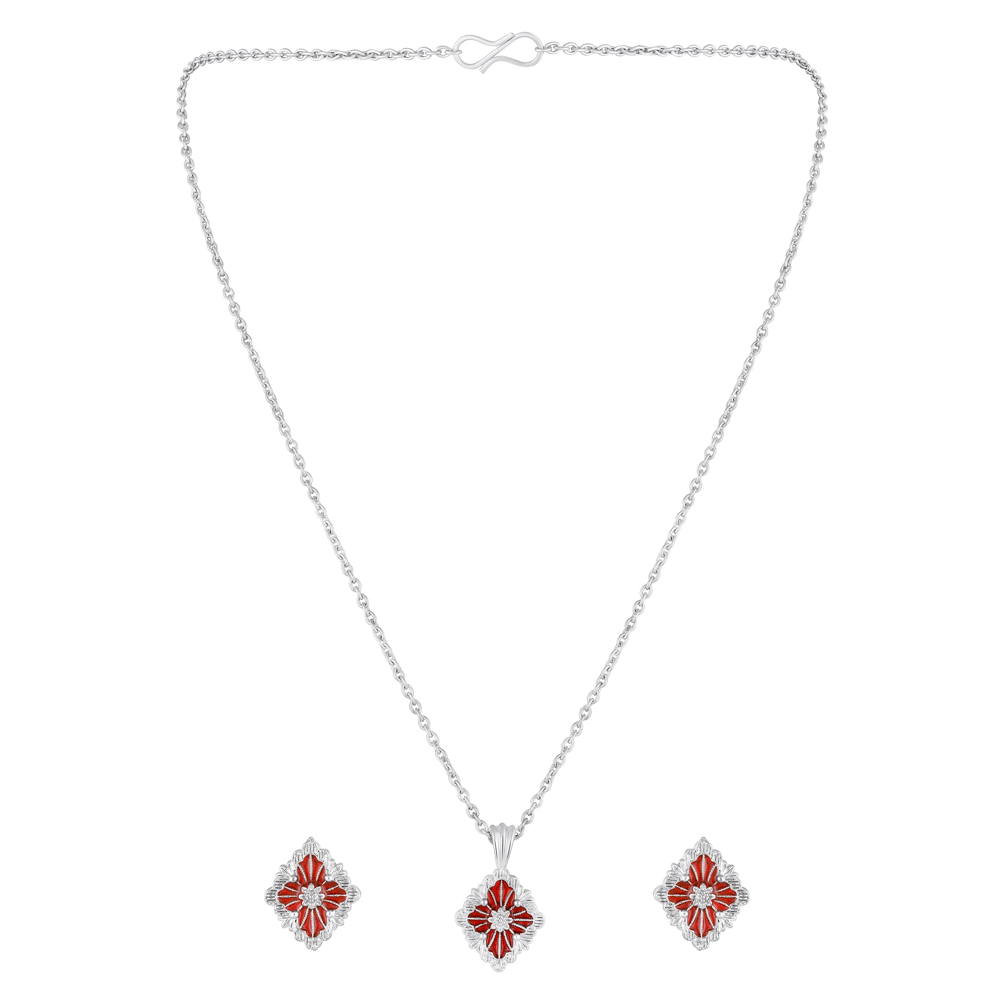 Red Meenakari Floral Pendant Set