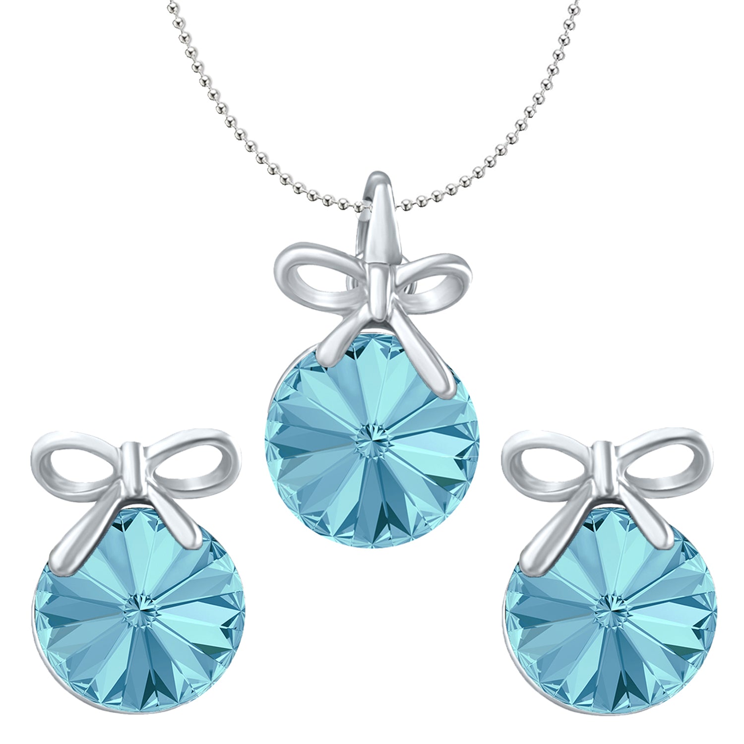 Bow Pendant Set with Aqua Blue Cubic Zirconias