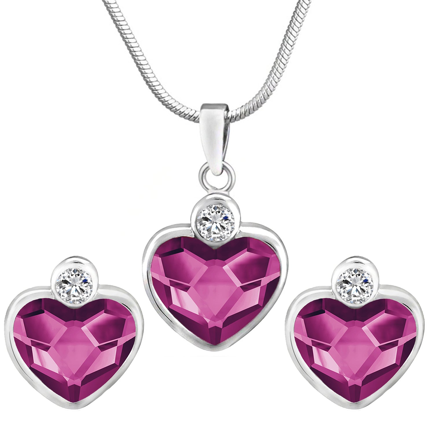 Valentine Gift Fushia Purple Heart Pendant Set with Cubic Zirconias