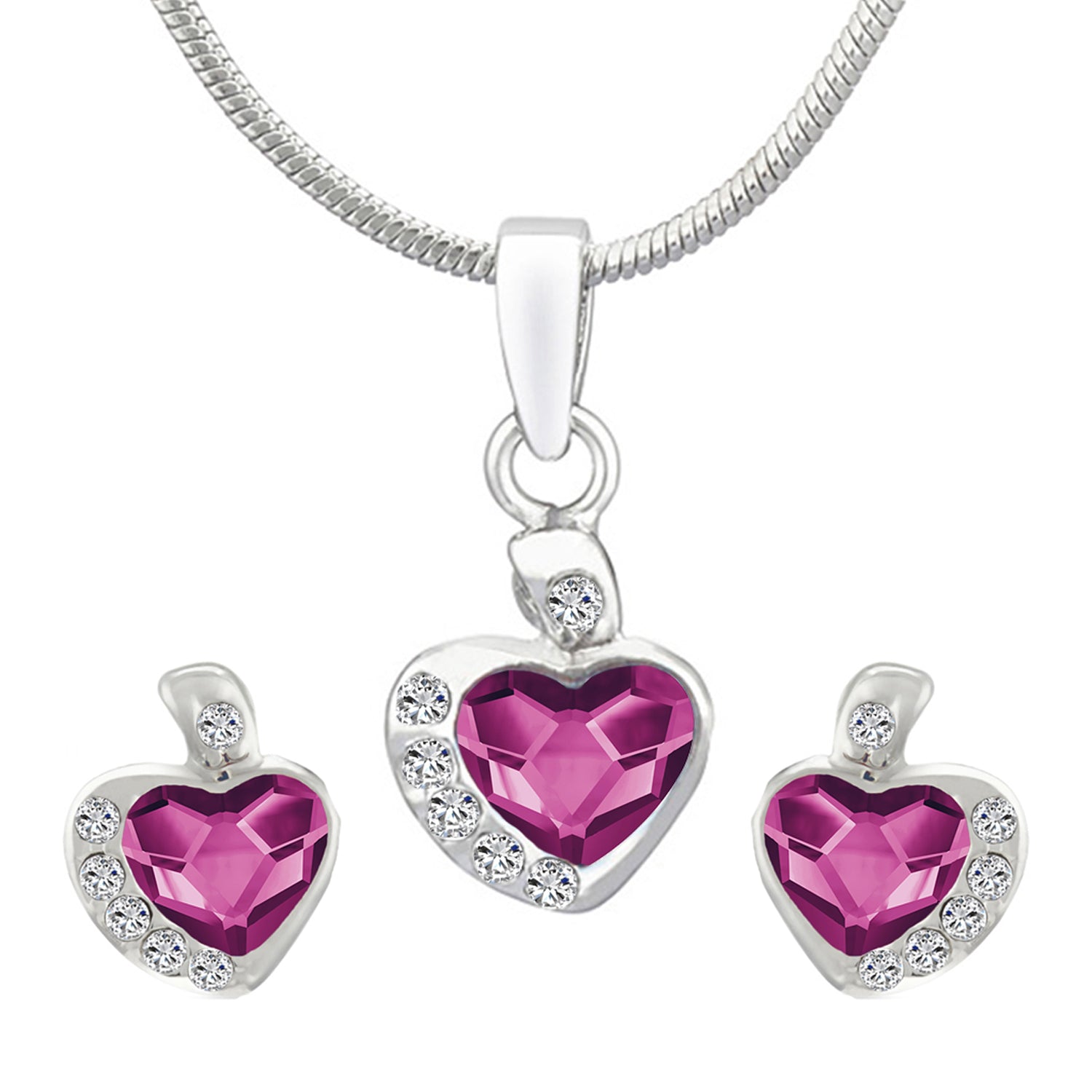 Valentine Gift Fushia Purple Heart Pendant Set with Cubic Zirconias