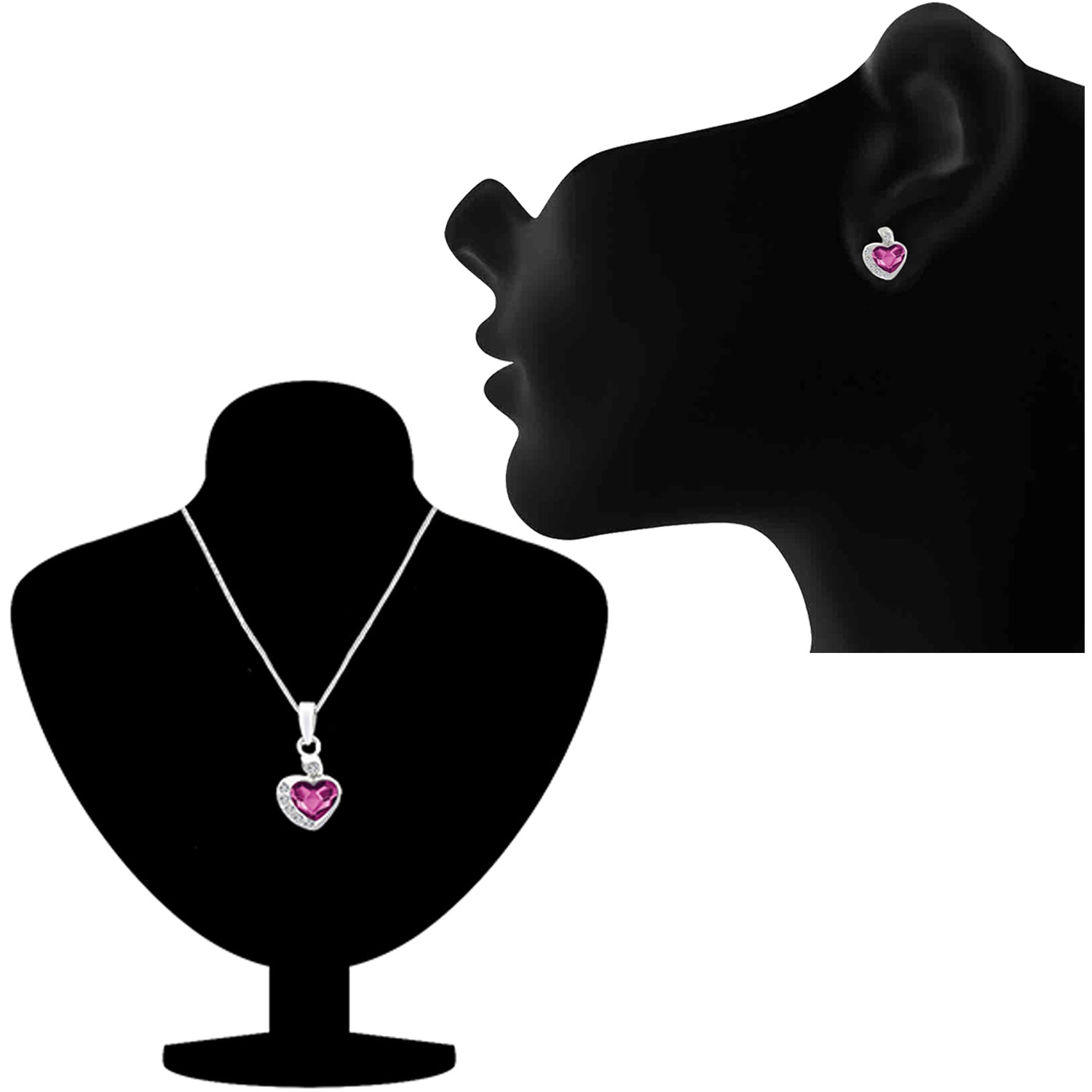 Valentine Gift Fushia Purple Heart Pendant Set with Cubic Zirconias