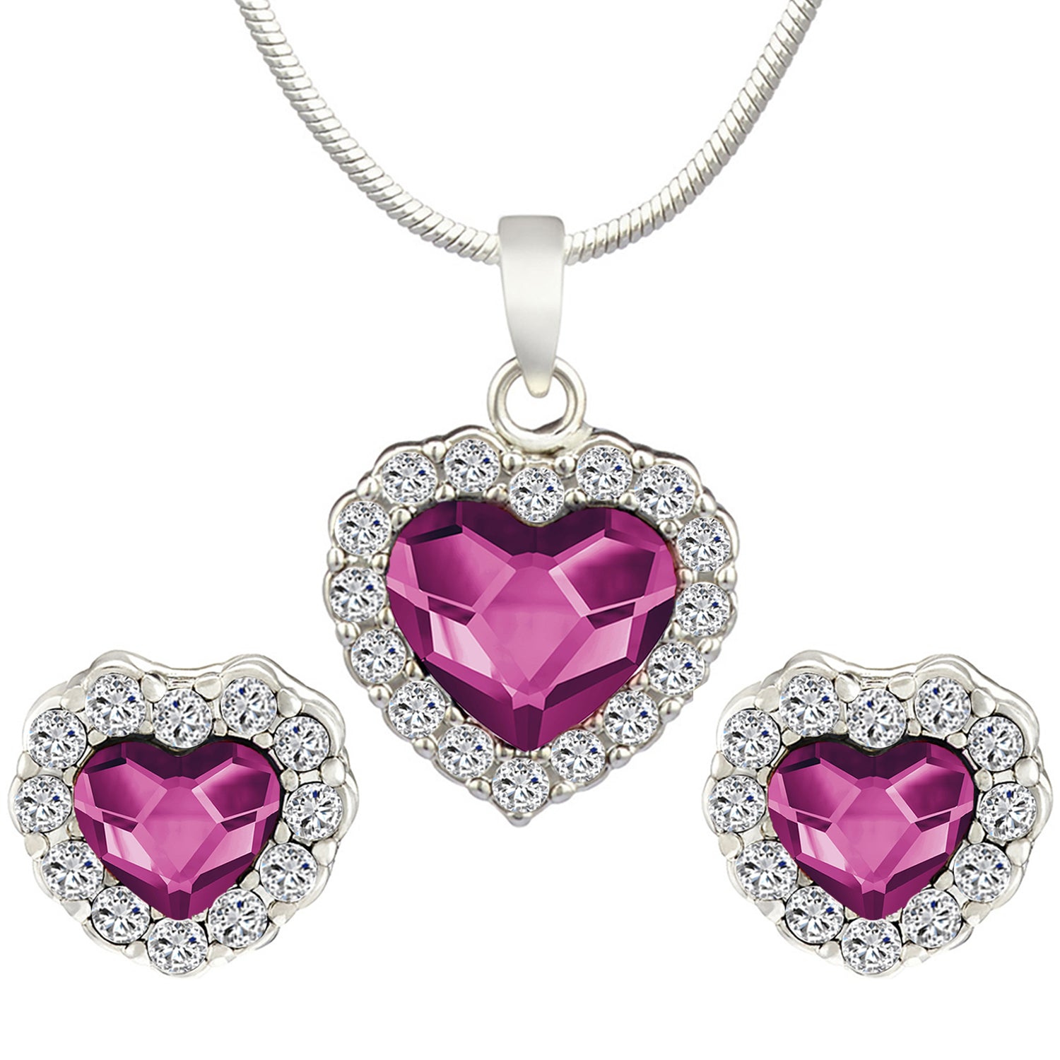 Valentine Gift Fushia Purple Heart Pendant Set with Cubic Zirconias