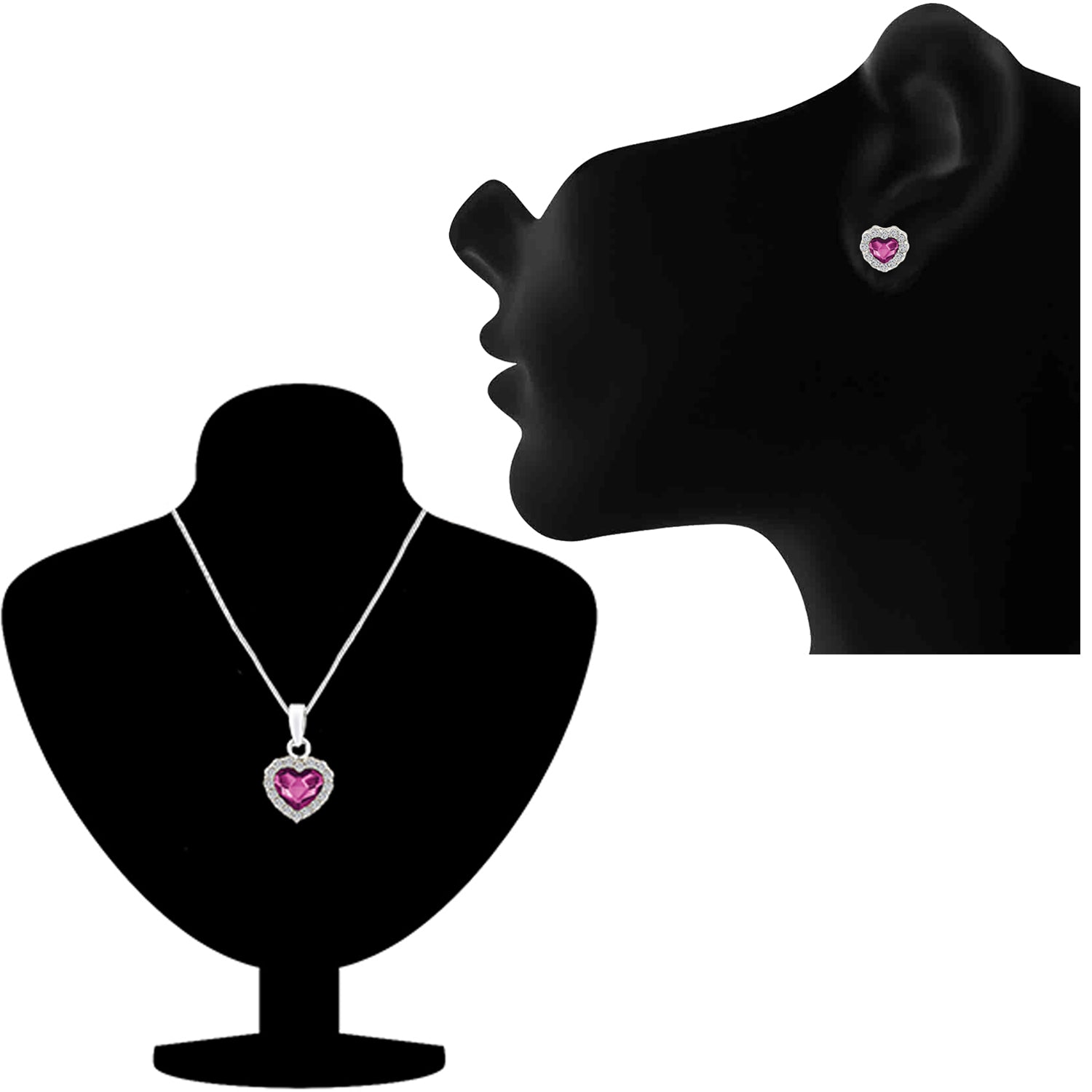 Valentine Gift Fushia Purple Heart Pendant Set with Cubic Zirconias