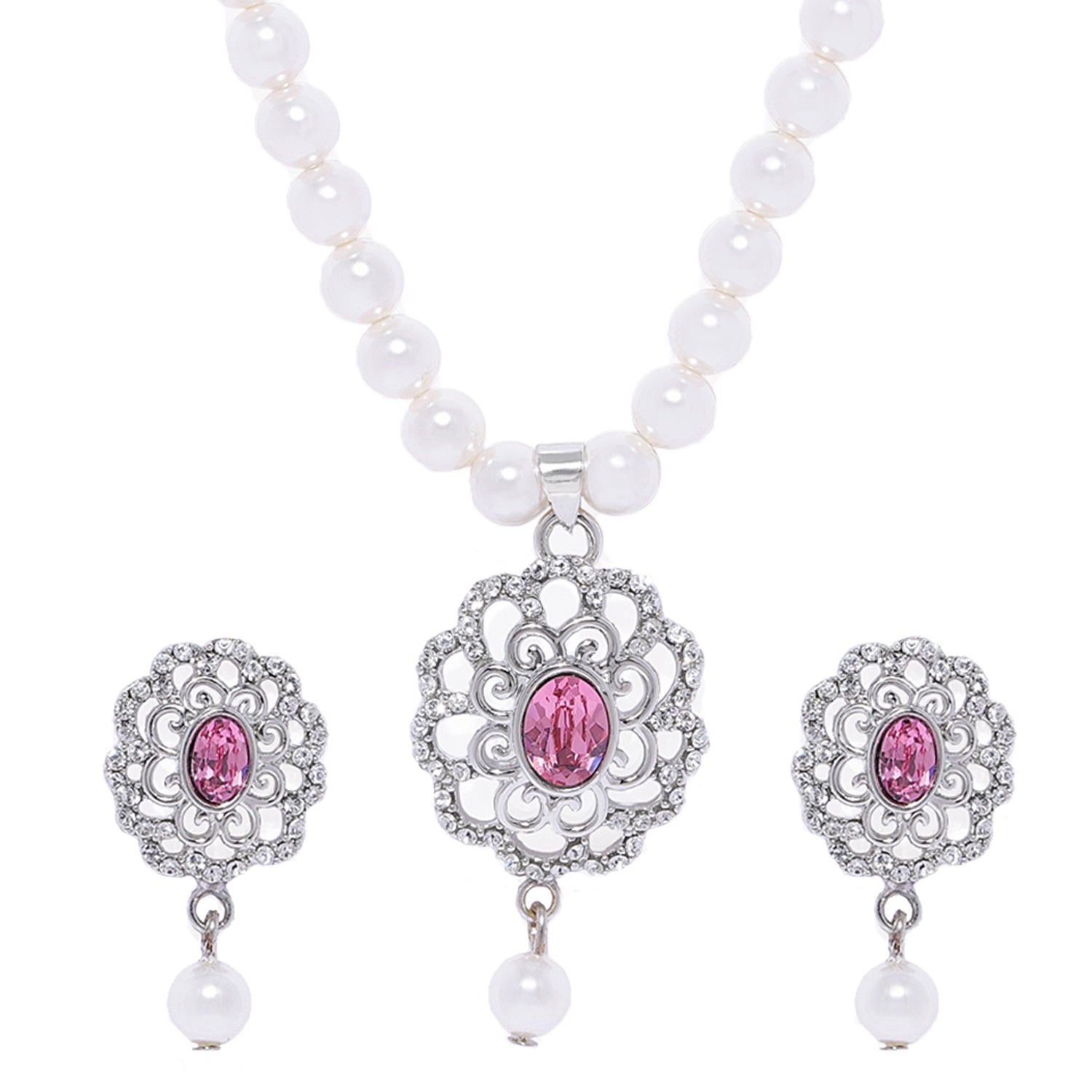Valentine Gift Pink and White Cubic Zirconia Floral Necklace Set